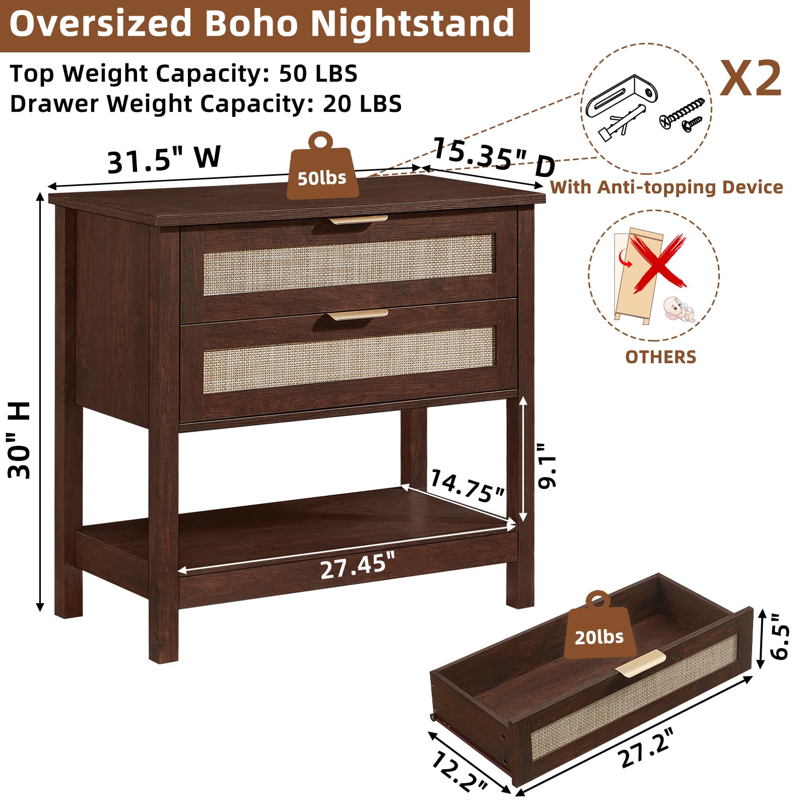 Lerliuo 31.5" Wide Rattan Nightstand,Oversized Large Boho Night Stand with 2 Drawers, 30" Tall Grey White Bedside Table with Storage Shelf, Bed Side End Tables for Bedroom, Living Room, Hallway