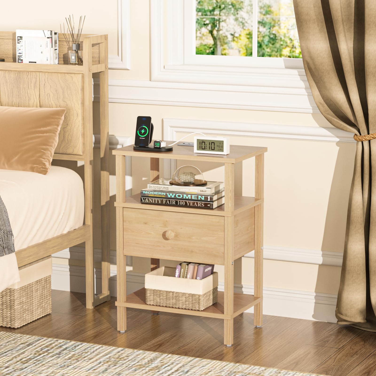 Lerliuo Nightstand with Charging Station and USB Ports, 3-Tier Storage End Table with Drawer Shelf, Night Stand for Small Spaces, Wood Bedside Table for Living Room, Bedroom - Retro Brown…