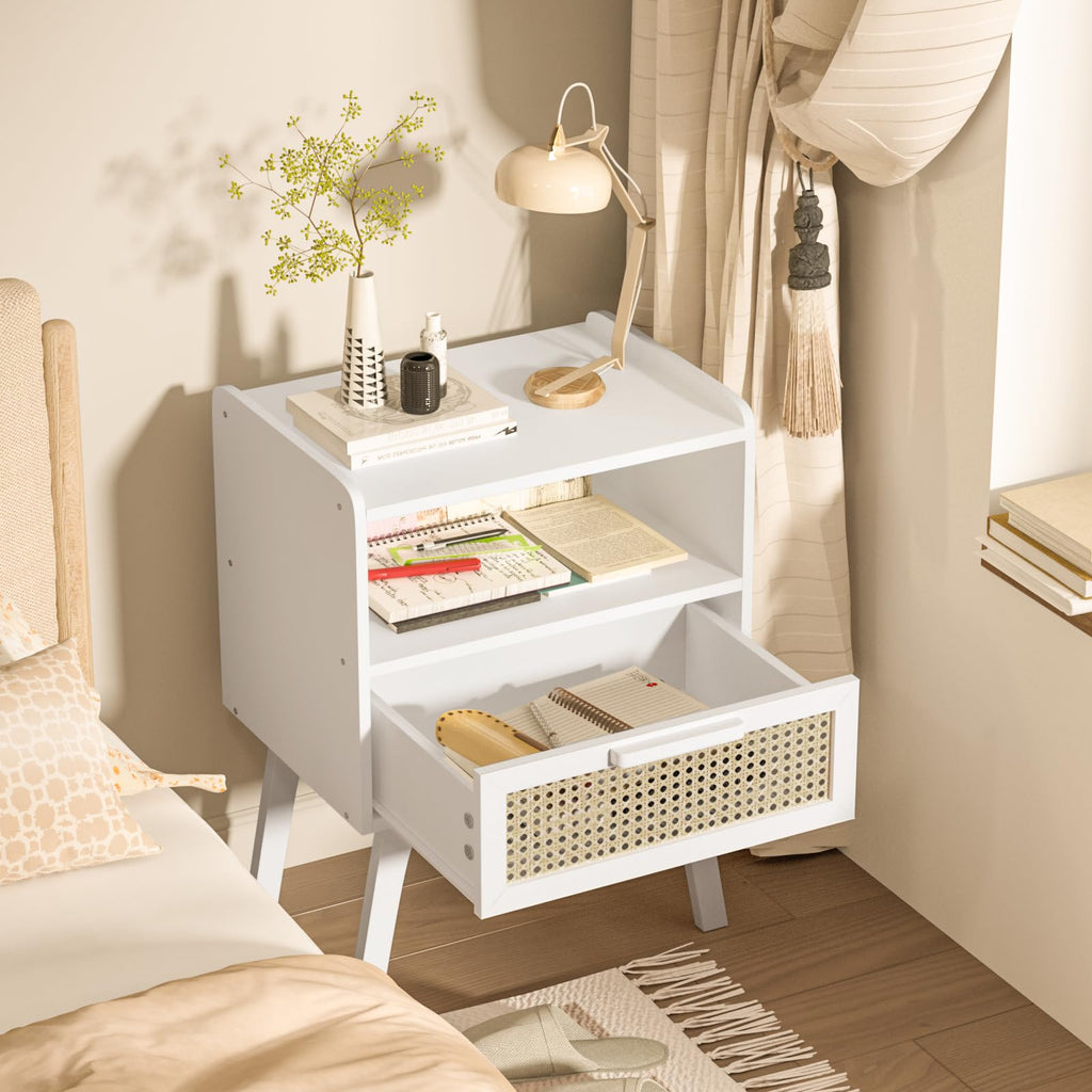 Lerliuo Rattan Nightstand, Boho Side Table with Drawer Open Shelf