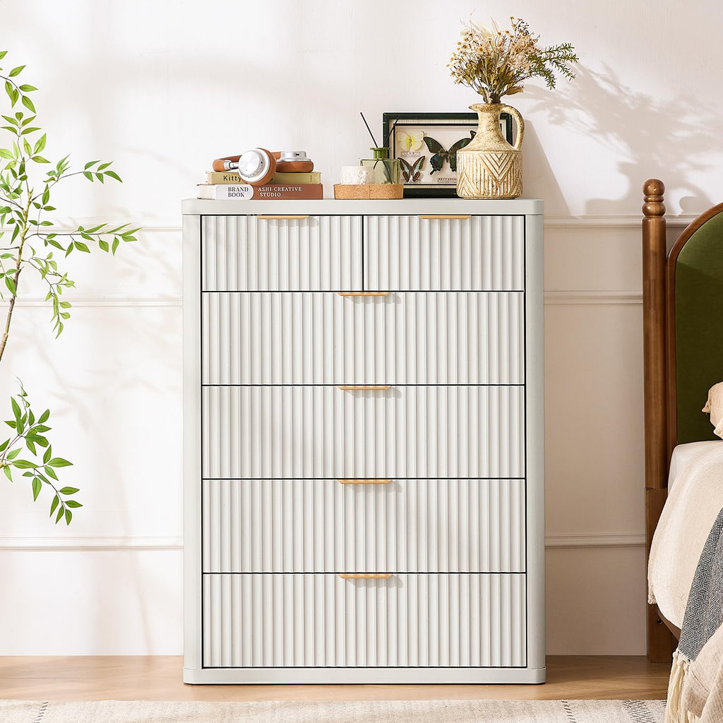 LEYAOYAO Fluted Dressers & Nightstand Set of 4, Wood 48" Wide Dresser & 42" Tall Chest of Drawers,Modern Bedroom Furniture Sets, Natural Wooden Nightstand Set of 2 with 3 Drawers & Charging Station