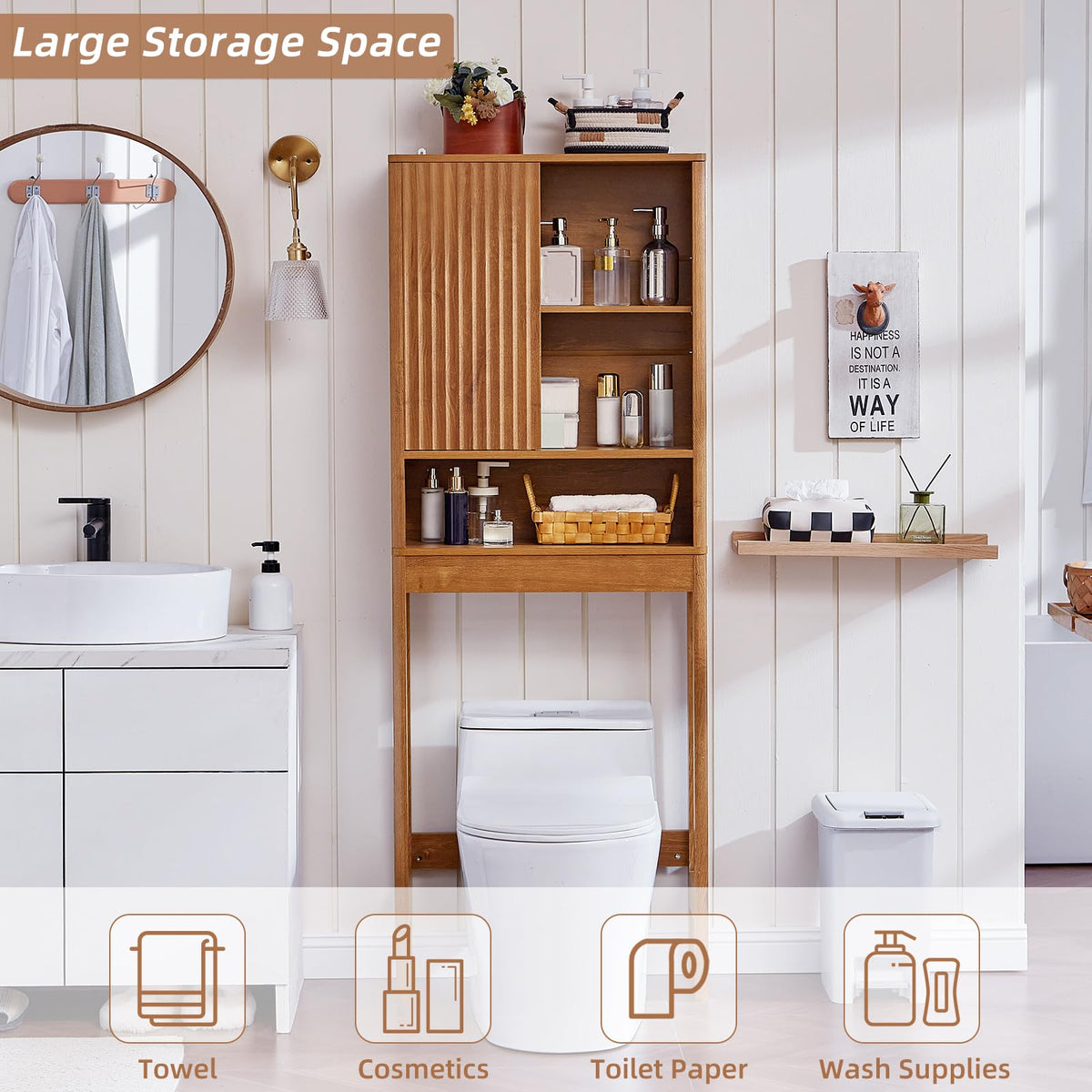 LEYAOYAO 68" Modern Fluted Over The Toilet Storage Cabinet, a Sliding Door