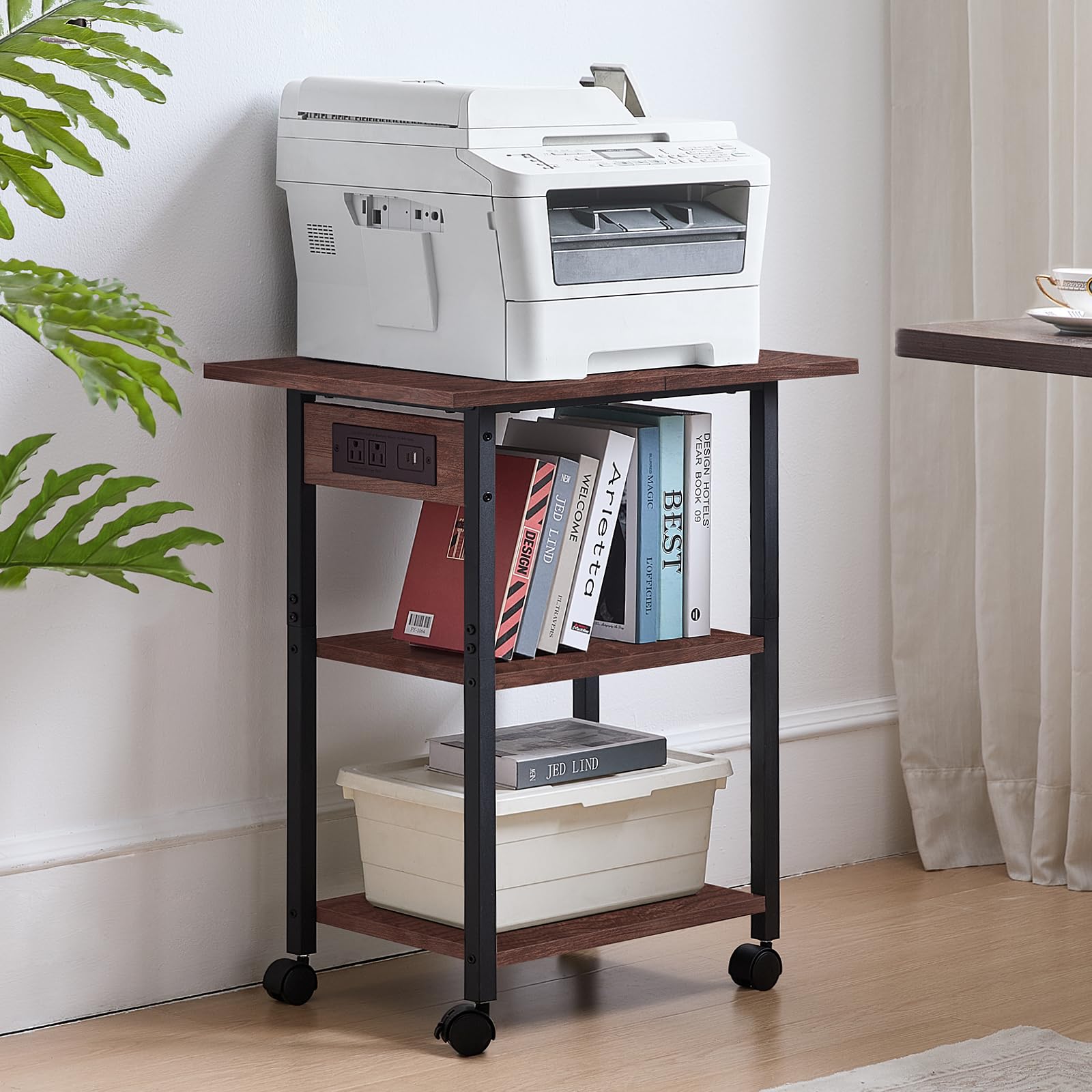 Lerliuo 3-Tier Printer Stand, Industrial Mobile Printer Table with Storage Shelf and Steel Frame, Rolling Printer Cart Holder with Lockable Wheels for Home, Office (White)