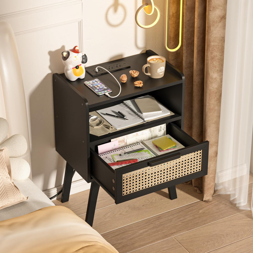 Lerliuo Rattan Nightstand with Charging Station, Boho Night Stand