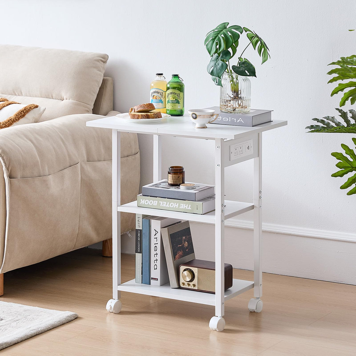 Lerliuo 3-Tier Printer Stand, Industrial Mobile Printer Table with Storage Shelf and Steel Frame, Rolling Printer Cart Holder with Lockable Wheels for Home, Office (White)