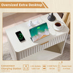 LEYAOYAO 31" Wide Fluted Nightstand with Charging Station, Oversized Extra Large 1 Drawer Night Stand with Golden Handle, Antique White Bedside Table Tall End Tables,for Bedroom, Living Room, Hallway