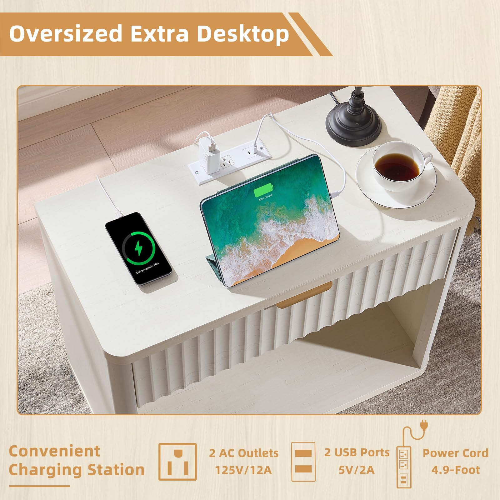 LEYAOYAO 31" Wide Fluted Nightstand with Charging Station, Oversized Extra Large 1 Drawer Night Stand with Golden Handle, Antique White Bedside Table Tall End Tables,for Bedroom, Living Room, Hallway