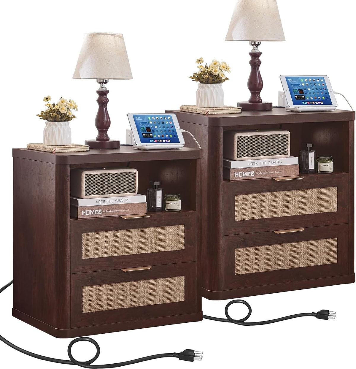 LEYAOYAO Rattan 23" Nightstands with Charger Station 2 Drawers