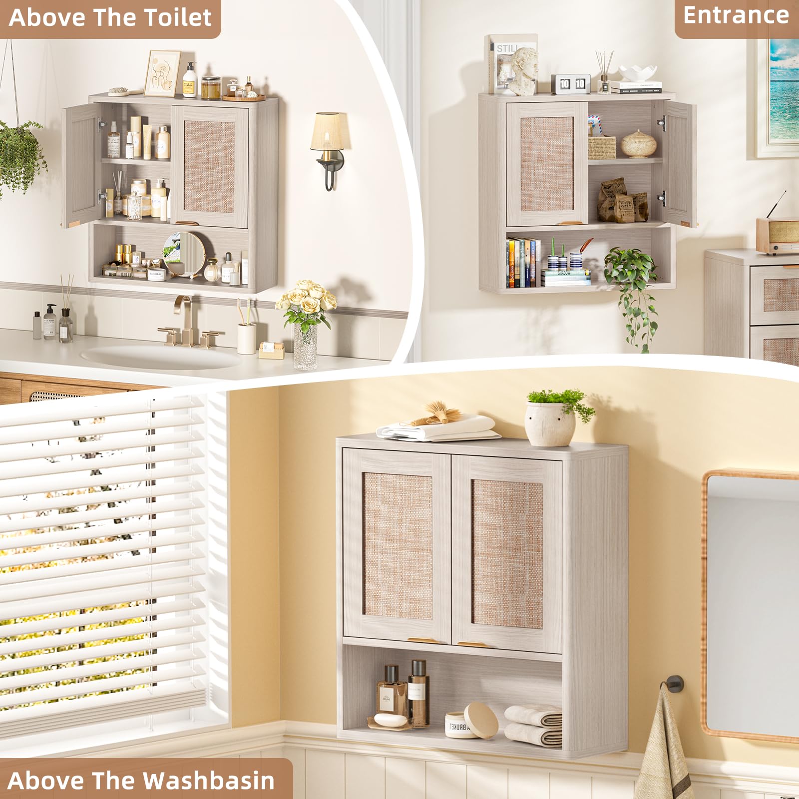 LEYAOYAO 68" Boho Over the Toilet Storage Cabinet with Rattan Sliding Door