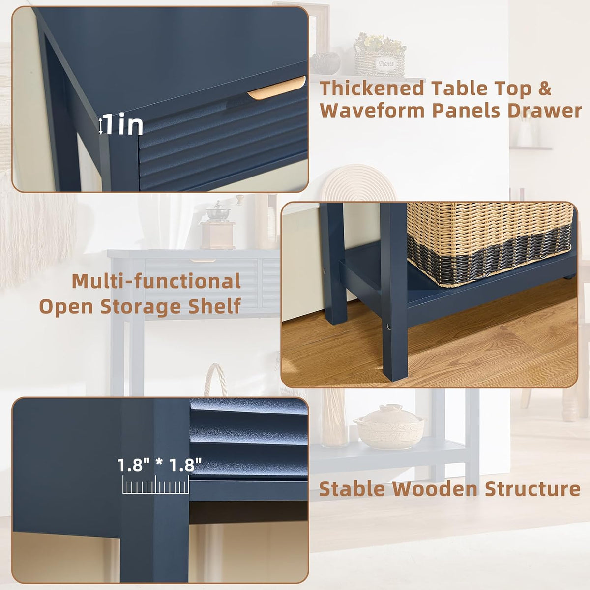 LEYAOYAO 47.2" Fluted Console Table with 3 Drawers, Blue Entryway Table