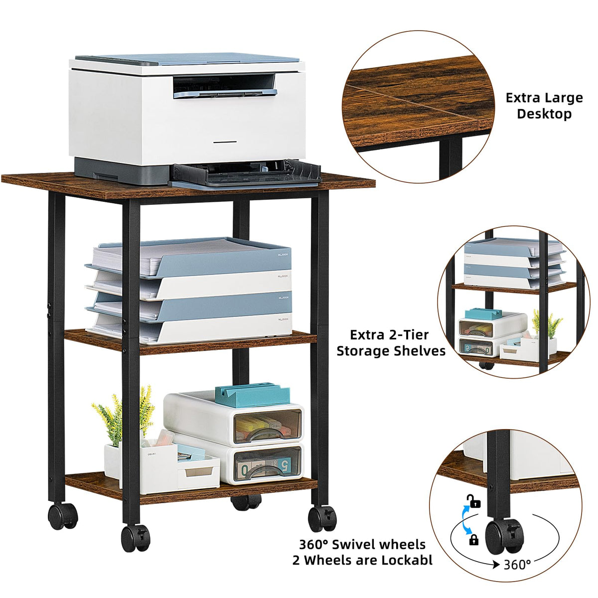 Lerliuo 3-Tier Printer Stand, Industrial Mobile Printer Table with Storage Shelf and Steel Frame, Rolling Printer Cart Holder with Lockable Wheels for Home, Office (White)