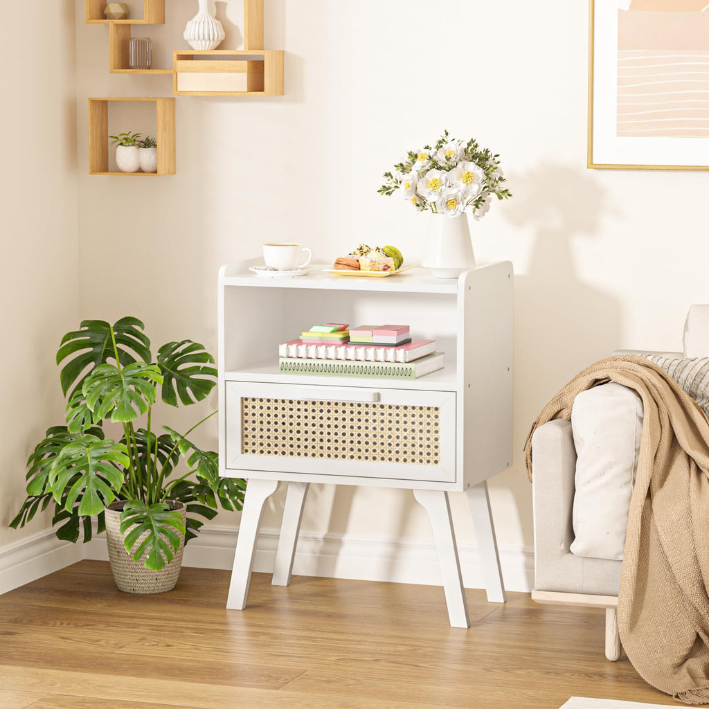 Lerliuo Rattan Nightstand, Boho Side Table with Drawer Open Shelf