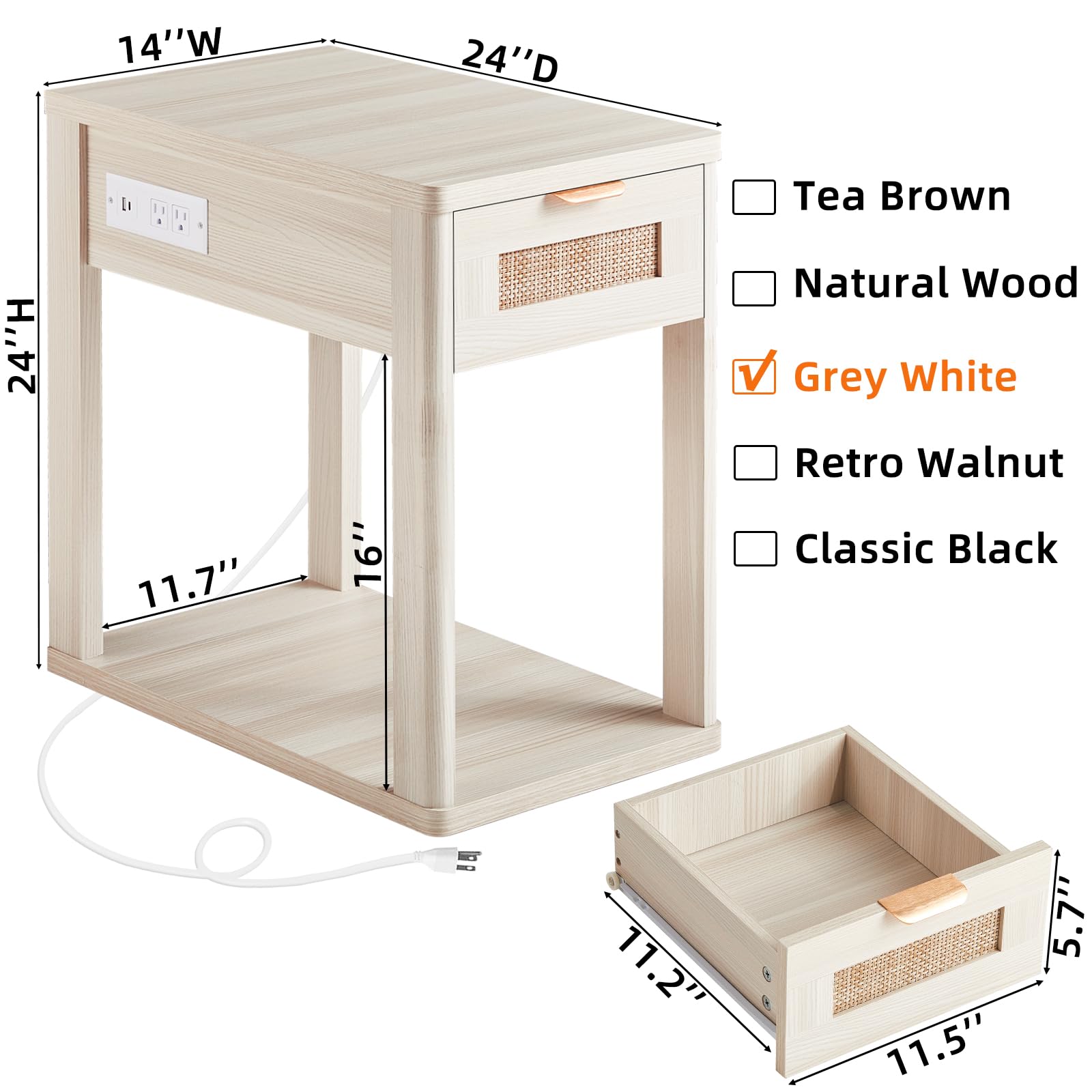 LEYAOYAO Narrow Side Table with Charging Station, Rattan 24 x 14''