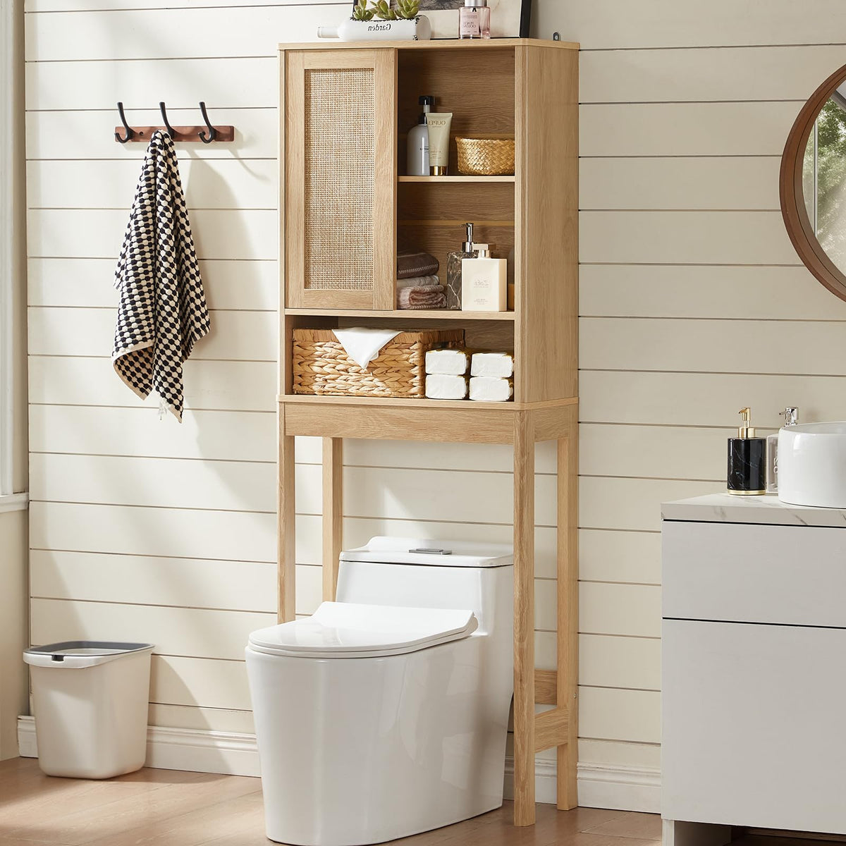 Lerliuo Rattan Bathroom Wall Cabinet, Boho Natural Medicine Cabinet with Adjustable Wood Shelf, 2 Doors Over The Toilet Storage Cabinets for Laundry Room, Kitchen, Living Room