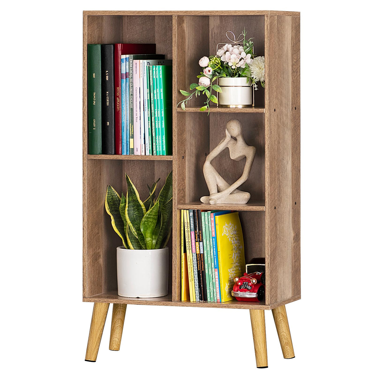 LEYAOYAO Cube Bookshelf, Mid-Century Modern Book Shelf with Legs, Brown