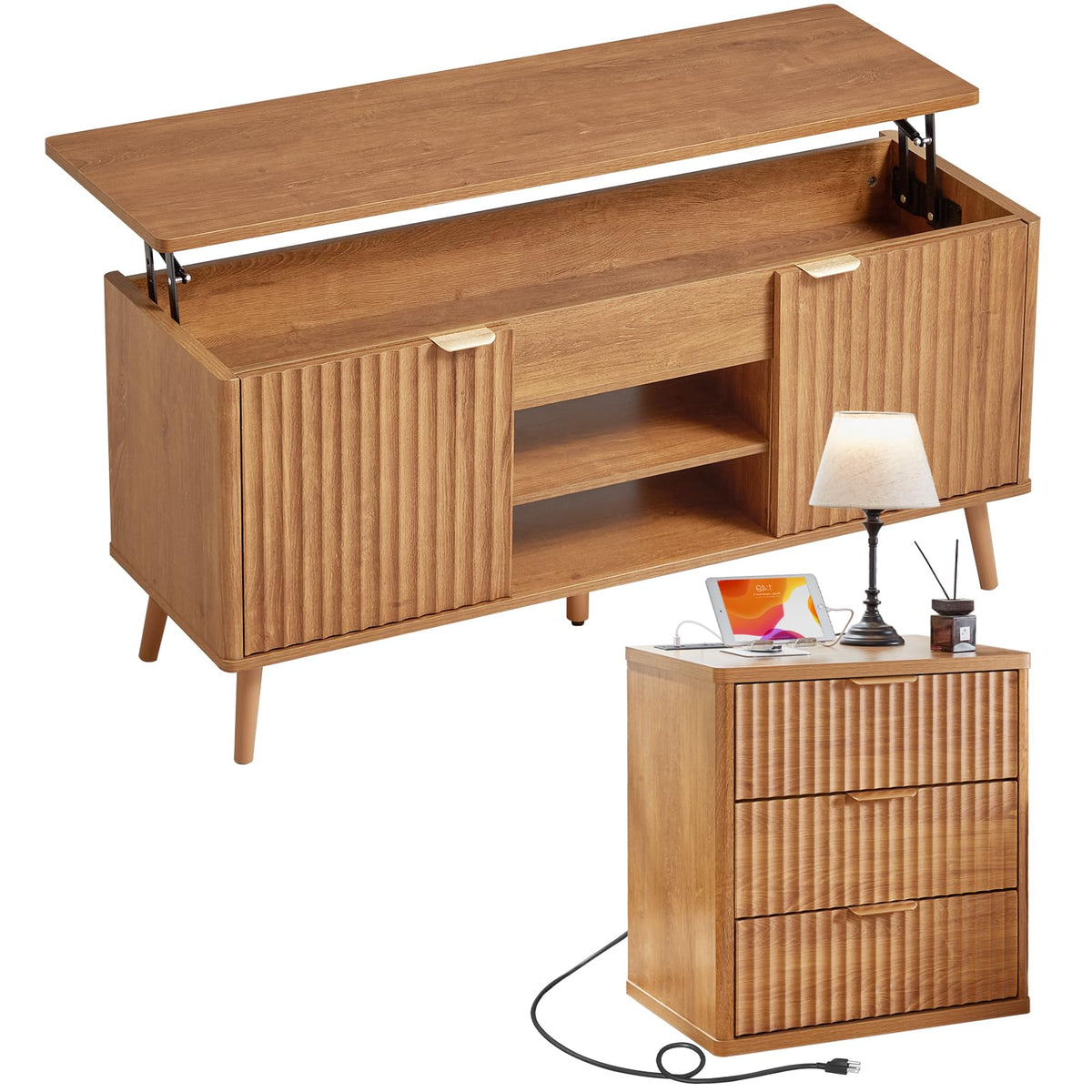 LEYAOYAO Fluted Lift Top Coffee Table and Nightstand Set,Wood 48" Wide Center Tables & 23" Night Stand with 3 Drawers,Farmhouse Living Room Suites for Bedroom Home Living Room Hallway,Blue