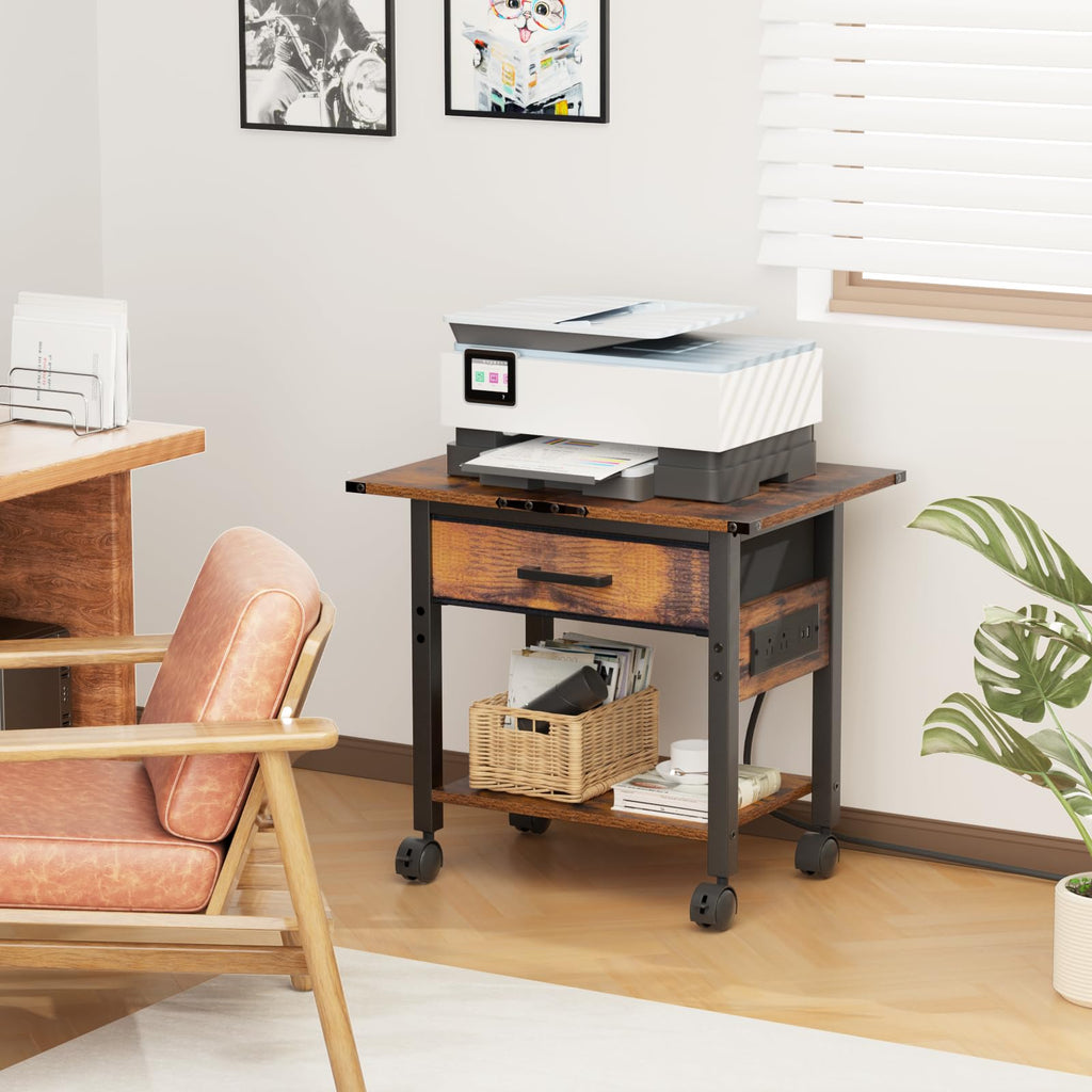 Lerliuo Under Desk Rolling Printer Stand with Drawer, 2-Tier Industrial Mobile Printer Table Desk with Storage Shelf and Steel Frame, Printer Cart Holder with Lockable Wheels for Home, Office (Brown)
