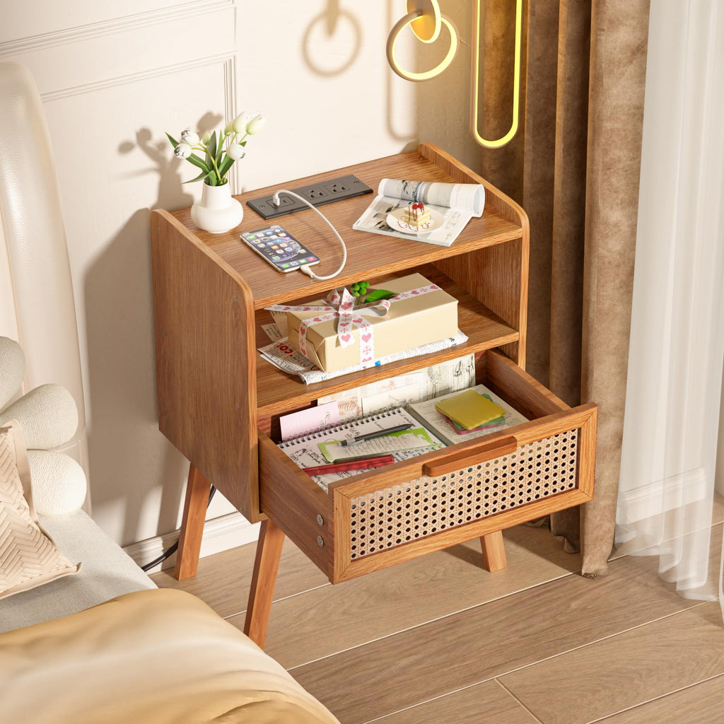 Lerliuo Rattan Nightstand with Charging Station, Boho Night Stand