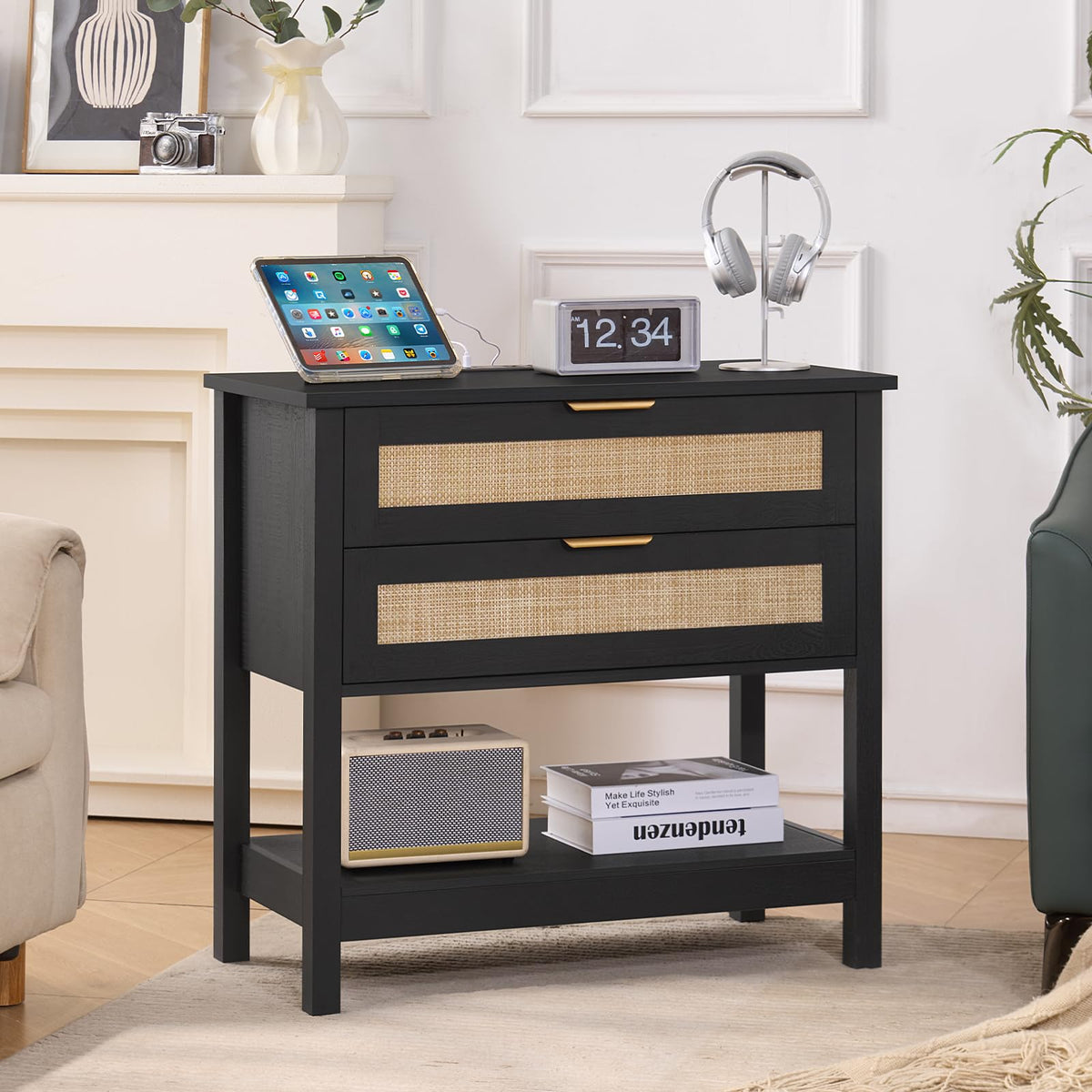 LEYAOYAO 26.8" Wide Rattan Nightstands Set of 2, Large Boho Night Stand