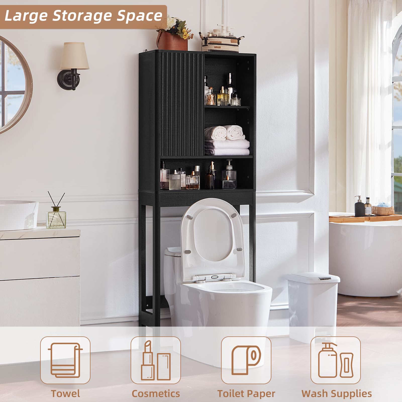 LEYAOYAO Fluted Over The Toilet Storage Cabinet & Bathroom Wall Cabinet Set of 2, Farmhouse Above Toilet Organizer, Medicine Cabinet w/Adjustable Shelf & Doors for Laundry Living Room Kitchen(Black)