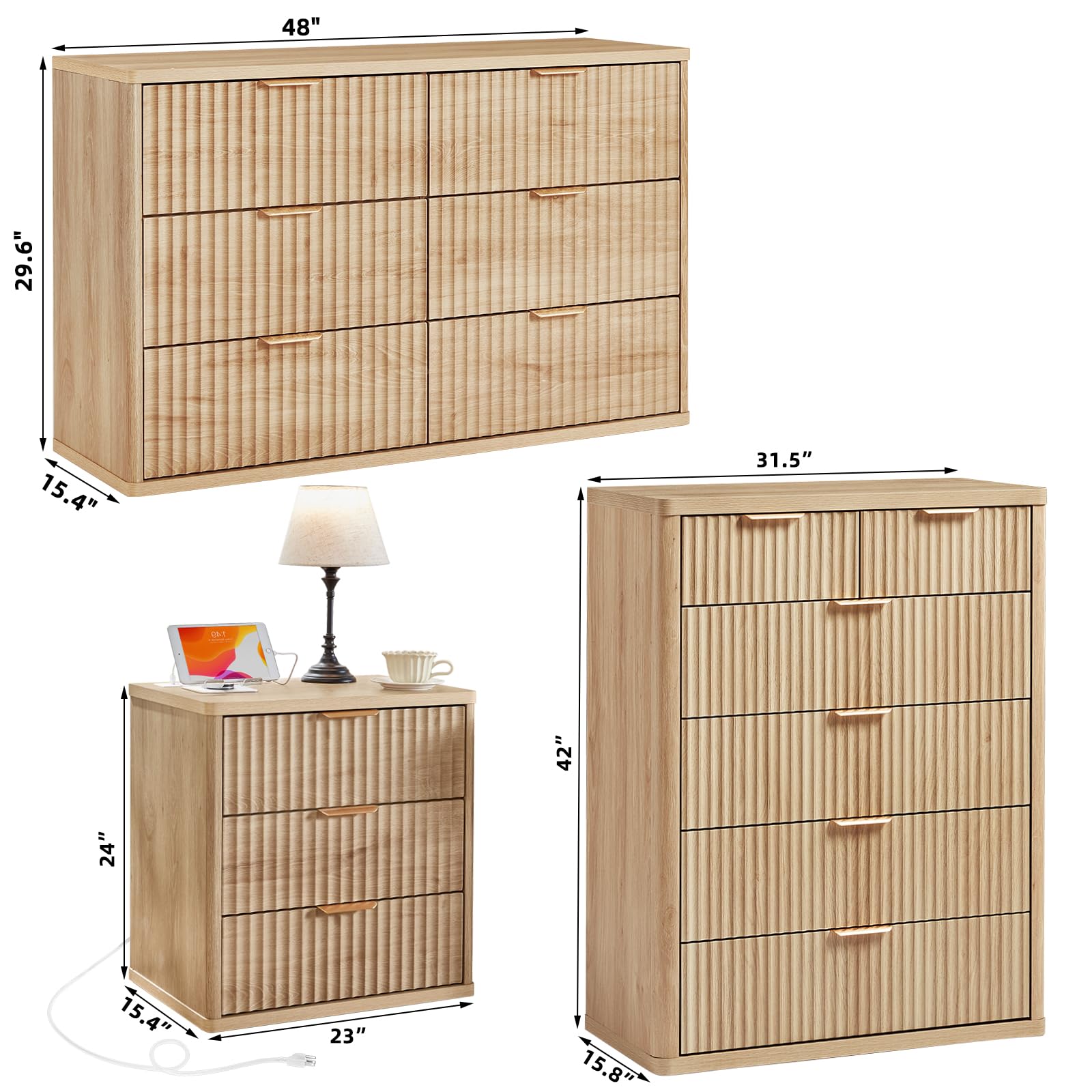 LEYAOYAO Fluted Dressers & Nightstand Set of 4, Wood 48" Wide Dresser & 42" Tall Chest of Drawers,Modern Bedroom Furniture Sets, Natural Wooden Nightstand Set of 2 with 3 Drawers & Charging Station