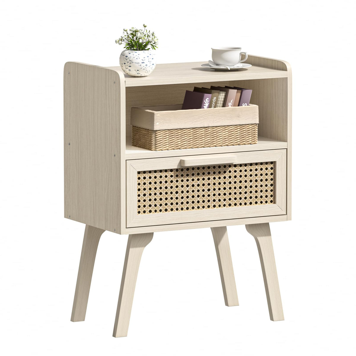 Lerliuo Rattan Nightstand, Boho Side Table with Drawer Open Shelf