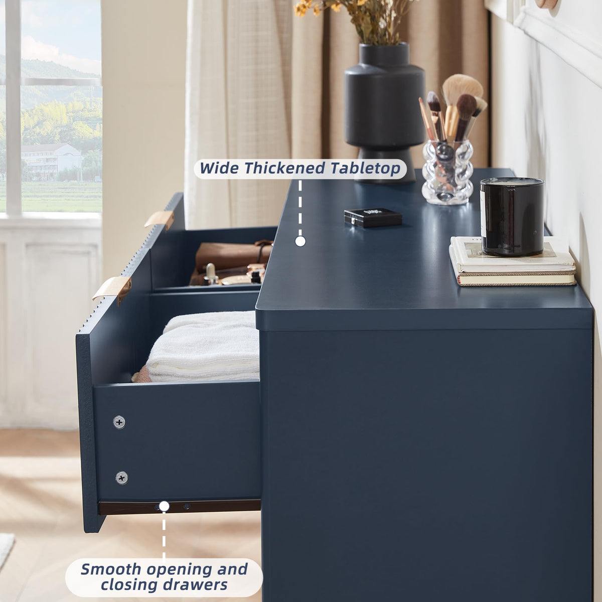 Lerliuo Fluted Nightstand with Charging Station, 23" Wide 2 Drawers End Table, Blue Night Stand with Open Storage Cabinet, Farmhouse Bed Side Tables, Wood Dresser for Bedroom
