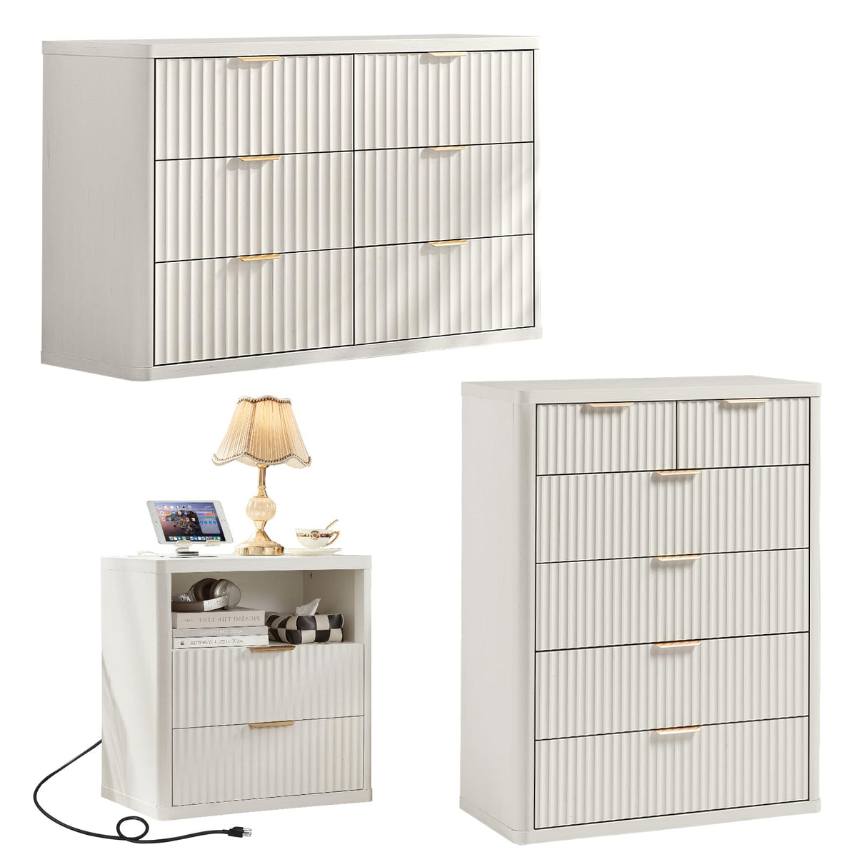 LEYAOYAO Fluted Dressers & Nightstand Set of 4, Wood 48" Wide Dresser & 42" Tall Chest of Drawers,Modern Bedroom Furniture Sets, Black Wooden Nightstand Set of 2 with 2 Drawers & Charging Station