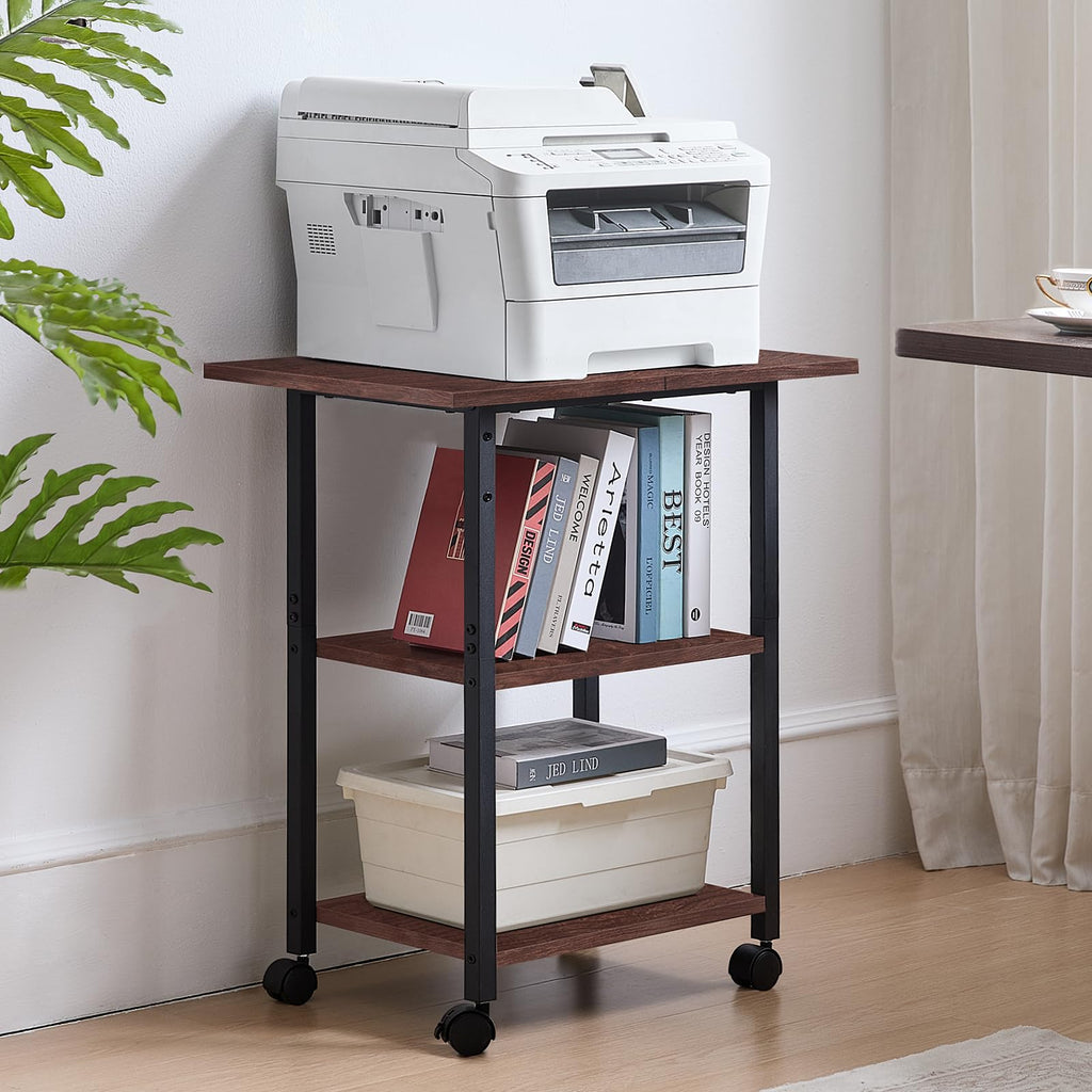 Lerliuo 3-Tier Printer Stand, Industrial Mobile Printer Table with Storage Shelf and Steel Frame, Rolling Printer Cart Holder with Lockable Wheels for Home, Office (White)