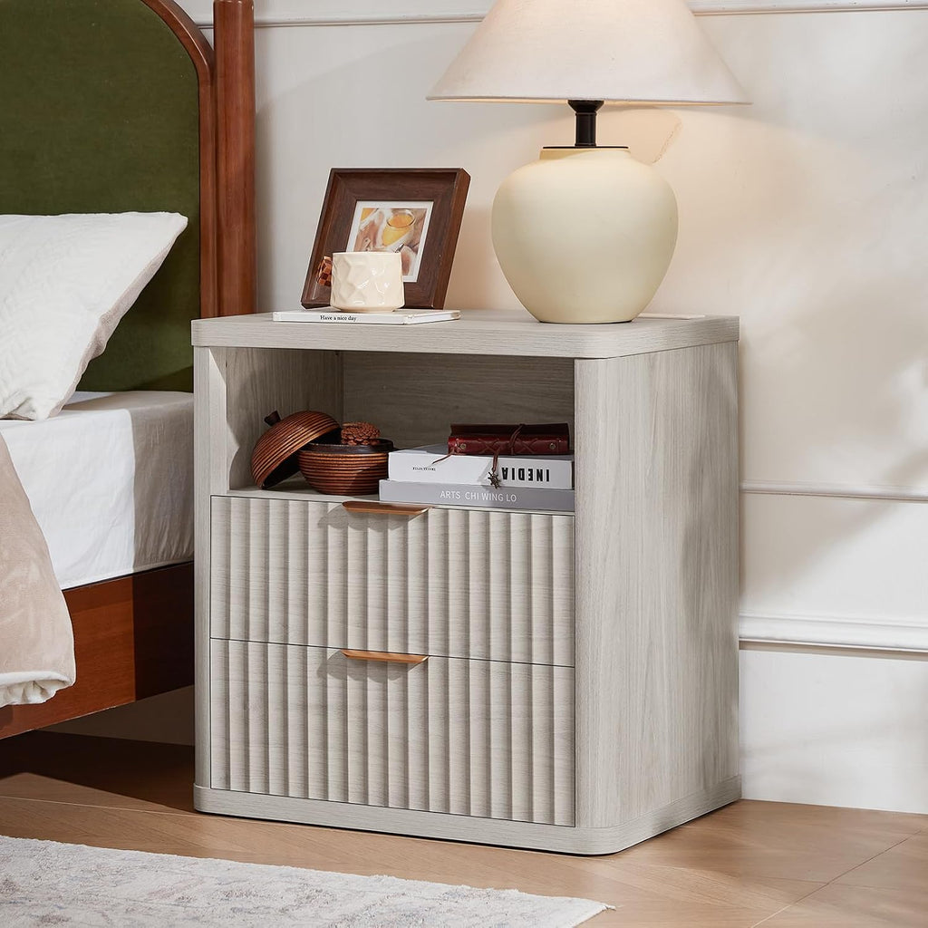 LEYAOYAO 23" Wide Fluted Night Stand with Charging Station, 2 Drawers Large End Table with Storage, LightGrey Nightstand Wood Bedside Tables, Farmhouse Cabinet Dresser for Bedroom, Closet