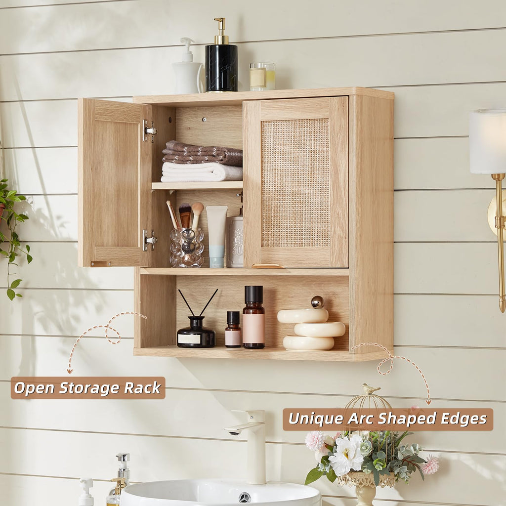 LEYAOYAO 68" Boho Over the Toilet Storage Cabinet with Rattan Sliding Door