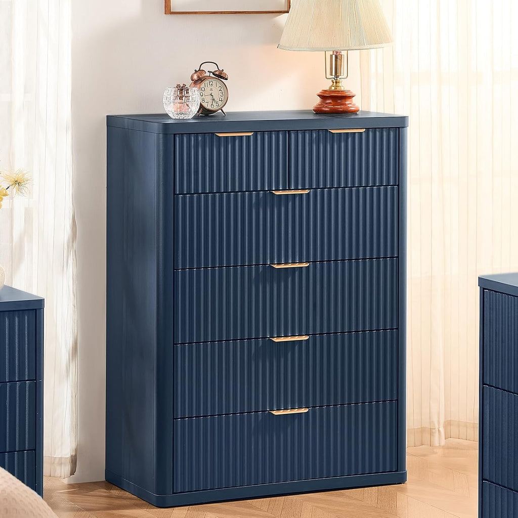 LEYAOYAO Fluted 6 Drawers Dresser for Bedroom Set of 2, 42" Tall Modern Chest of Drawers with Metal Handle, Curved Profile Design,Wood Drawer Organizer for Bedroom, Living Room, Hallway,Blue