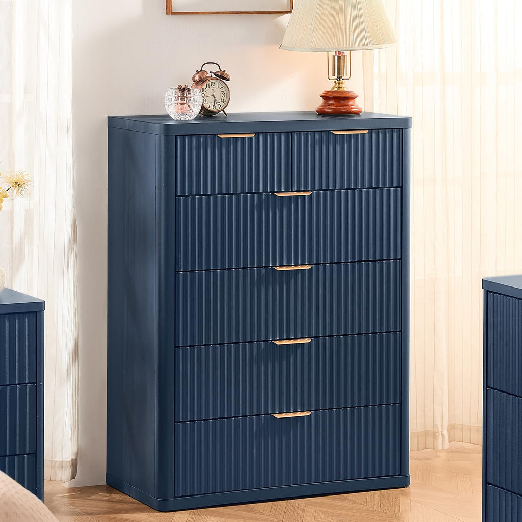 LEYAOYAO Fluted Dressers & Nightstand Set of 4, Wood 48" Wide Dresser & 42" Tall Chest of Drawers,Modern Bedroom Furniture Sets, Natural Wooden Nightstand Set of 2 with 3 Drawers & Charging Station