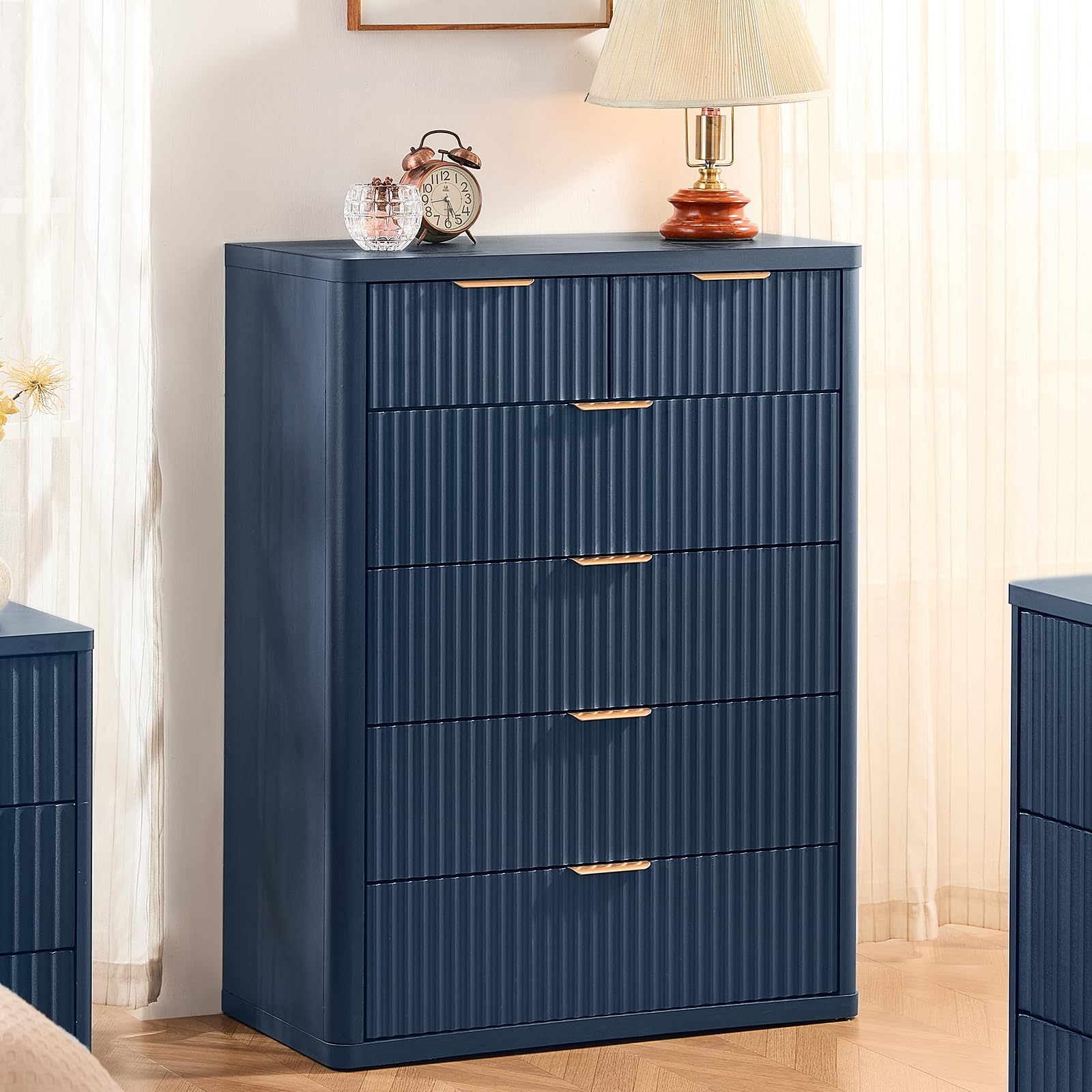 LEYAOYAO Fluted Dressers & Nightstand Set of 4, Wood 48" Wide Dresser & 42" Tall Chest of Drawers,Modern Bedroom Furniture Sets, Natural Wooden Nightstand Set of 2 with 3 Drawers & Charging Station