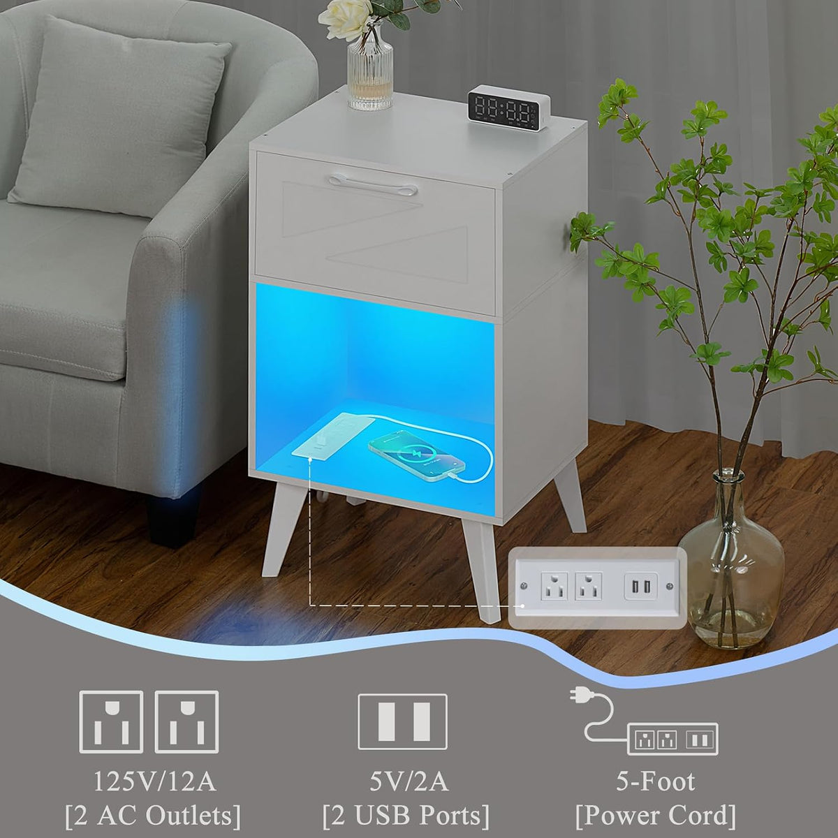 Lerliuo Nightstand with Charging Station and Led Lights,Modern Beside Table with Drawer and Open Storage Shelf,Night Stand with USB Ports and Outlets,White Wood Side Table for Bedroom