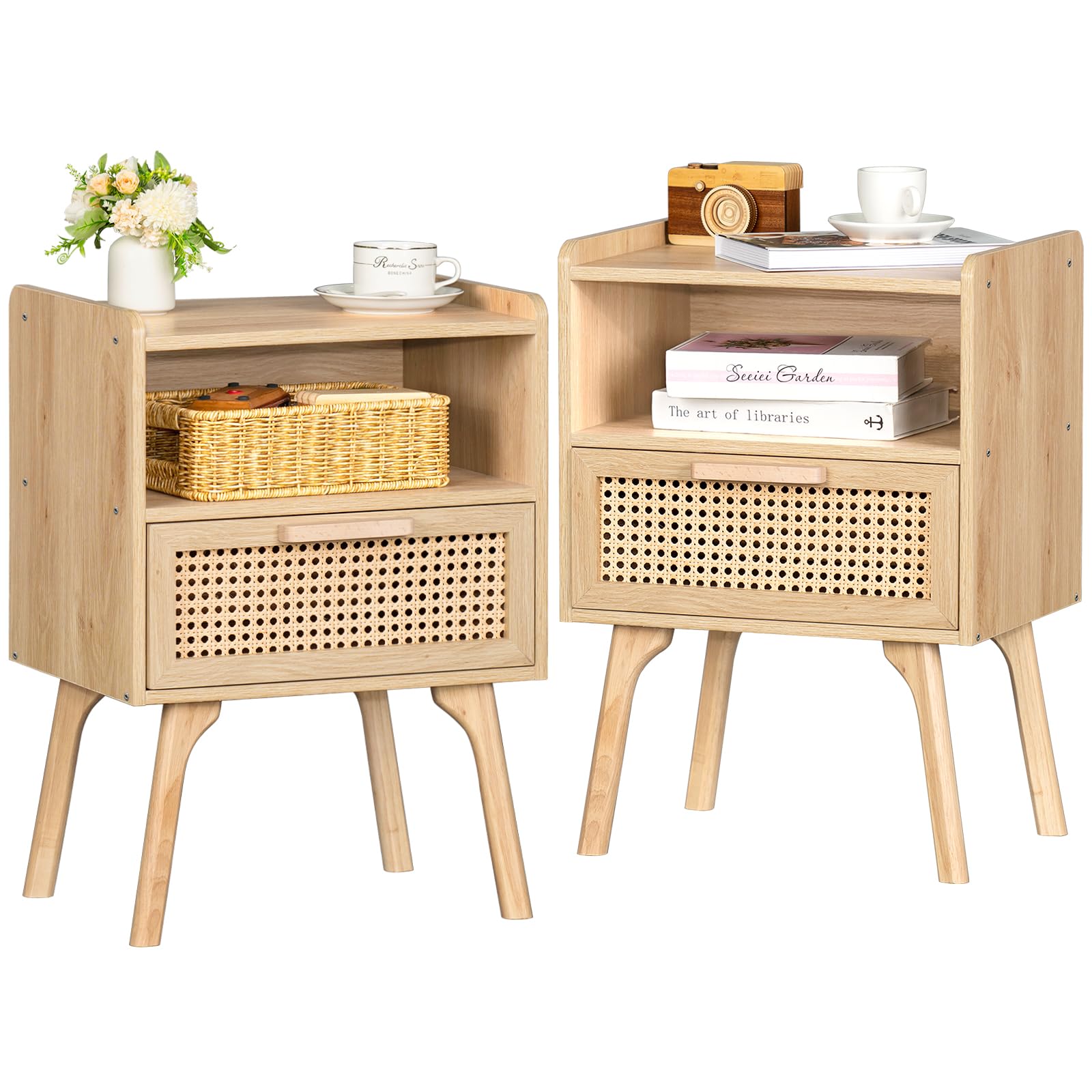 Lerliuo Rattan Nightstand, Boho Side Table with Drawer Open Shelf