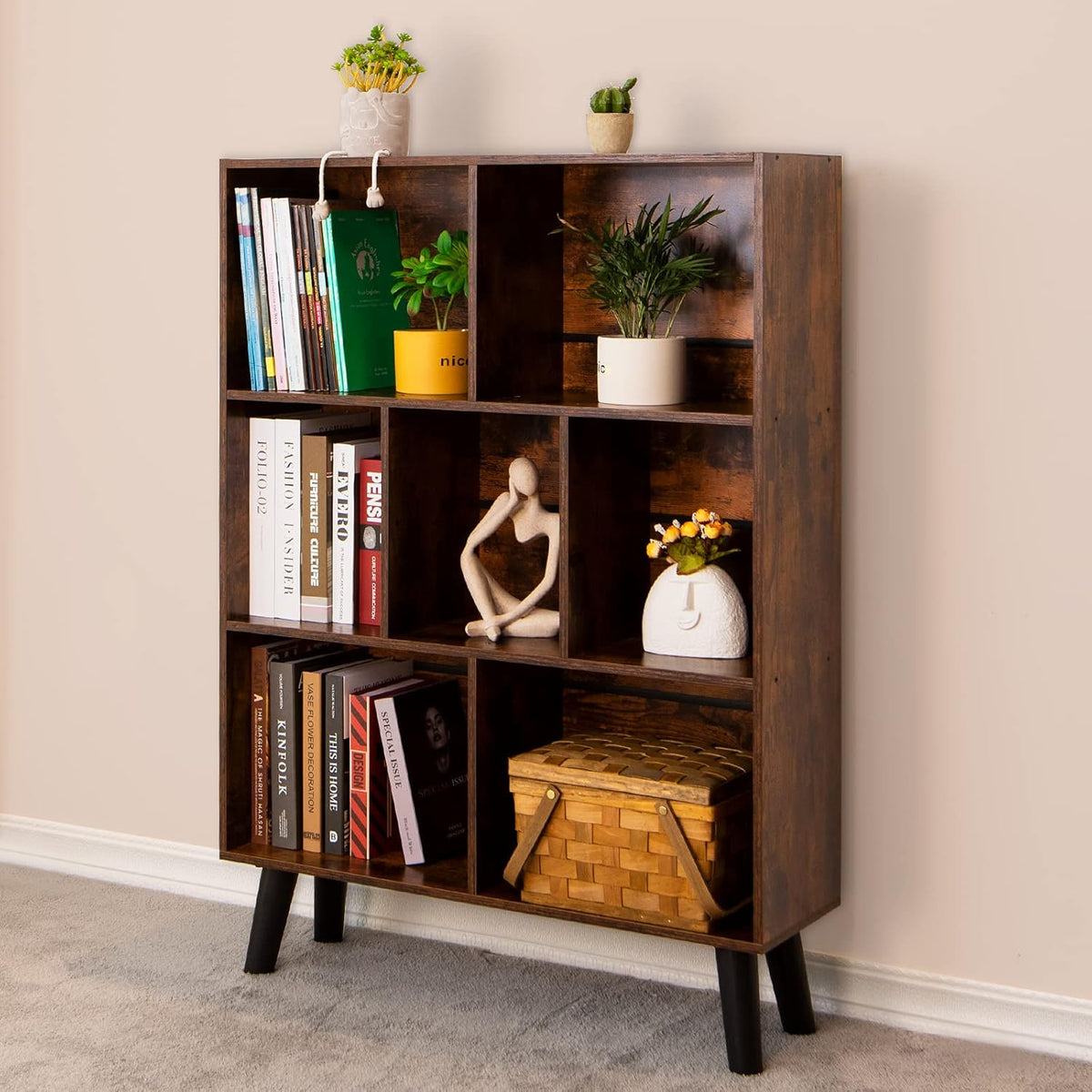 LEYAOYAO Cube Bookshelf, Mid-Century Modern Book Shelf with Legs, Brown