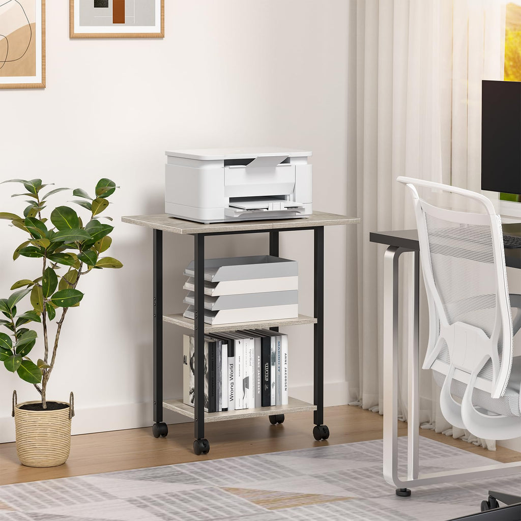 Lerliuo 3-Tier Printer Stand, Industrial Mobile Printer Table with Storage Shelf and Steel Frame, Rolling Printer Cart Holder with Lockable Wheels for Home, Office (White)