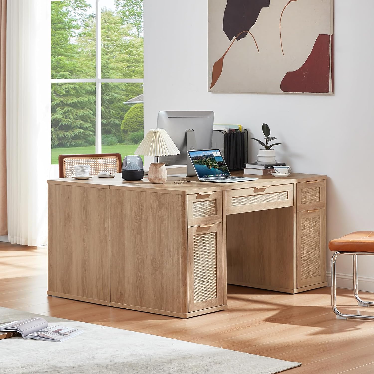 LEYAOYAO Office Desk 56" with 5 Drawers Storage File Cabinet, Natural
