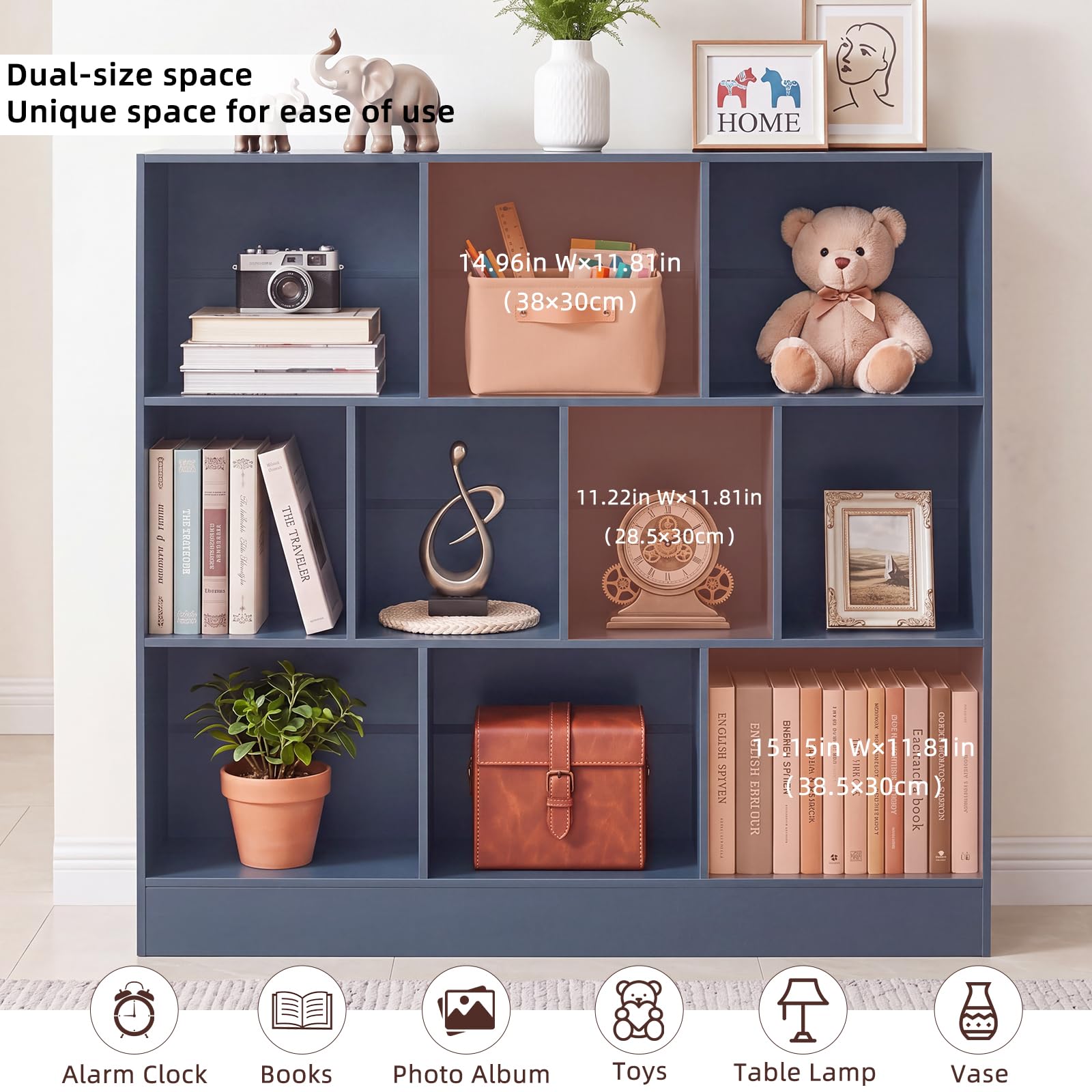 LEYAOYAO 7 Cube Bookshelf with Base,3 Tier Mid-Century Modern Blue Bookcase,Standing Wide Bookshelves Storage Organizer Shelf,Rustic Wood Display Cabinet Book Shelves for Bedroom,Living Room,Office
