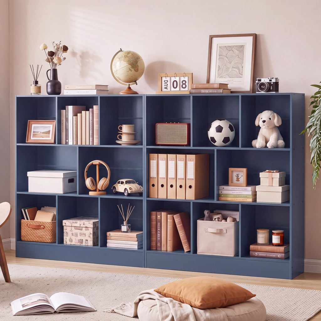 LEYAOYAO 7 Cube Bookshelf with Base,3 Tier Mid-Century Modern Blue Bookcase,Standing Wide Bookshelves Storage Organizer Shelf,Rustic Wood Display Cabinet Book Shelves for Bedroom,Living Room,Office