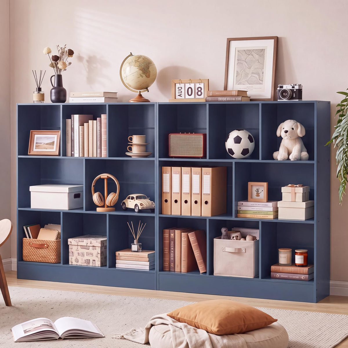 LEYAOYAO 7 Cube Bookshelf with Base,3 Tier Mid-Century Modern Blue Bookcase,Standing Wide Bookshelves Storage Organizer Shelf,Rustic Wood Display Cabinet Book Shelves for Bedroom,Living Room,Office