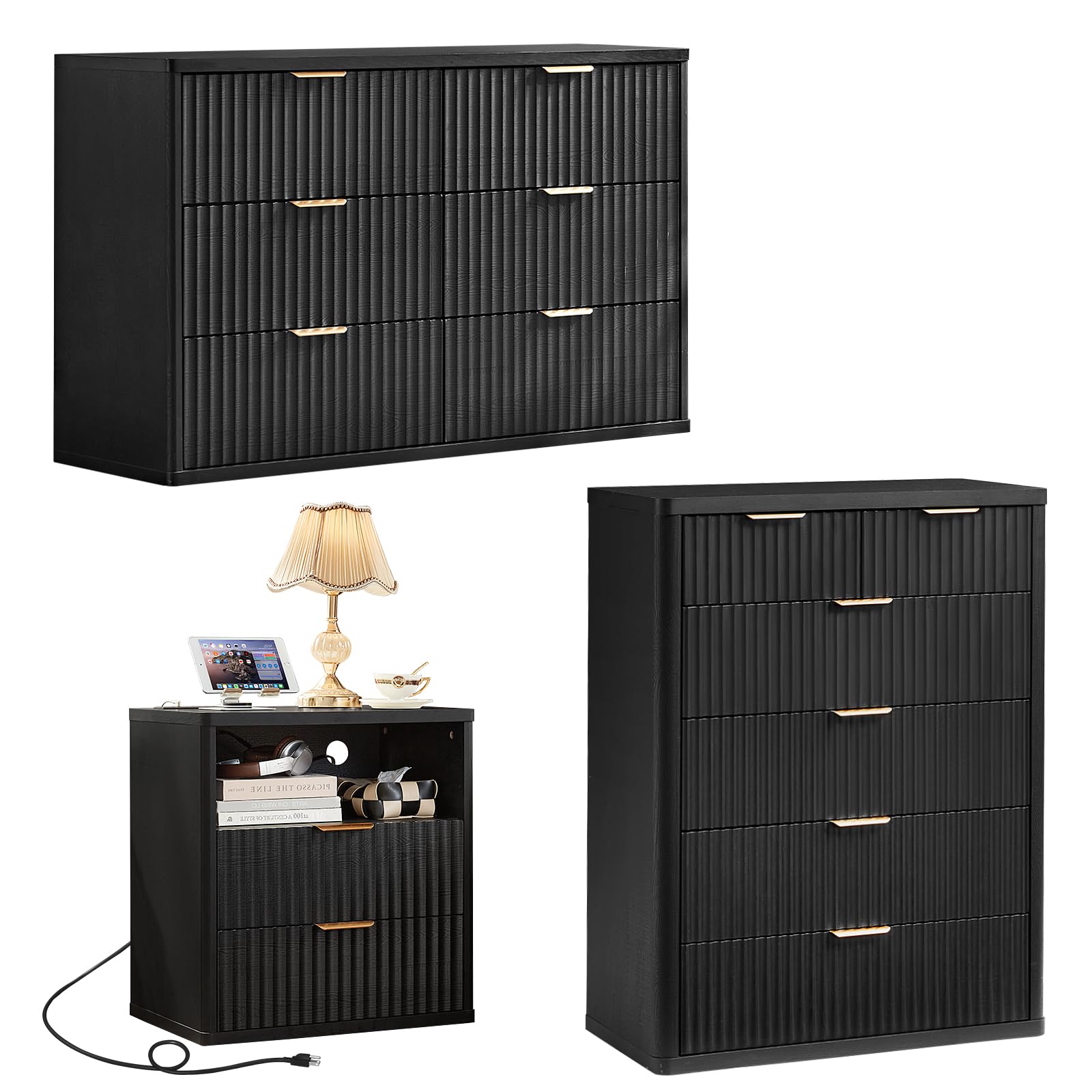 LEYAOYAO Fluted Dressers & Nightstand Set of 4, Wood 48" Wide Dresser & 42" Tall Chest of Drawers,Modern Bedroom Furniture Sets, Black Wooden Nightstand Set of 2 with 2 Drawers & Charging Station