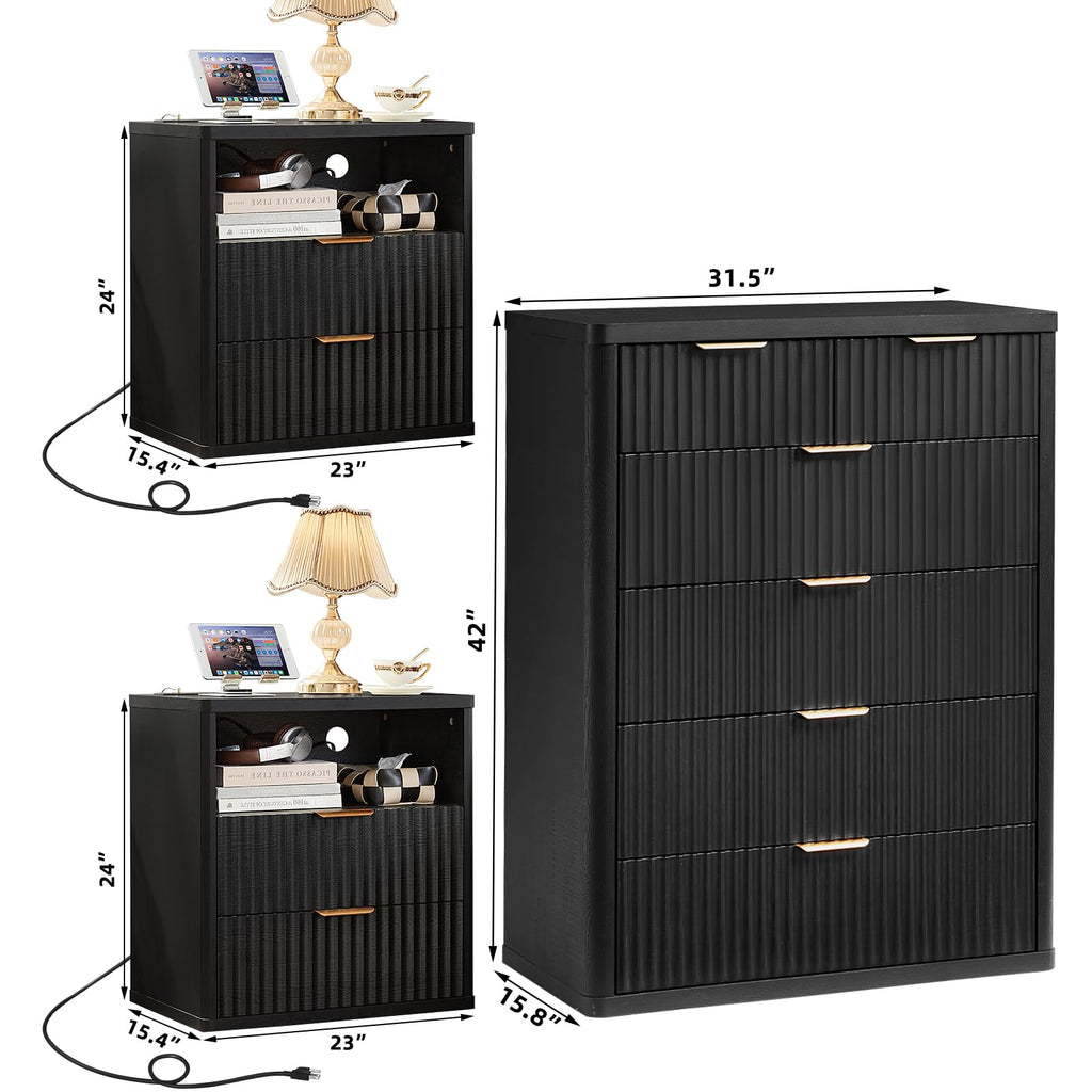LEYAOYAO Fluted Dressers & Nightstand Set of 4, Wood 48" Wide Dresser & 42" Tall Chest of Drawers,Modern Bedroom Furniture Sets, Black Wooden Nightstand Set of 2 with 2 Drawers & Charging Station