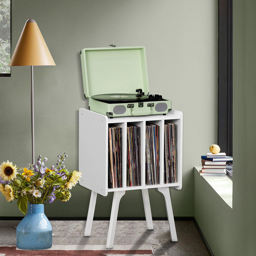 Lerliuo Record Player Stand with Storage Holds Up to 80 Albums, Turntable Stand with Beech Wood Legs, Mid-Century Record Player Table,Black Vinyl Holder Display Shelf for Bedroom Living Room