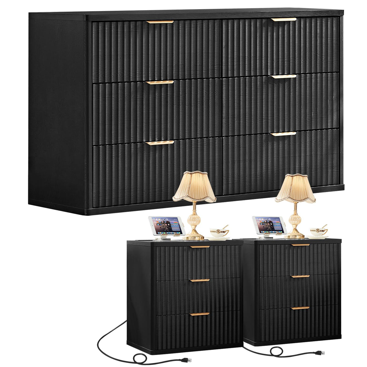 LEYAOYAO Fluted Dressers & Nightstand Set of 4, Wood 48" Wide Dresser & 42" Tall Chest of Drawers,Modern Bedroom Furniture Sets, Natural Wooden Nightstand Set of 2 with 3 Drawers & Charging Station
