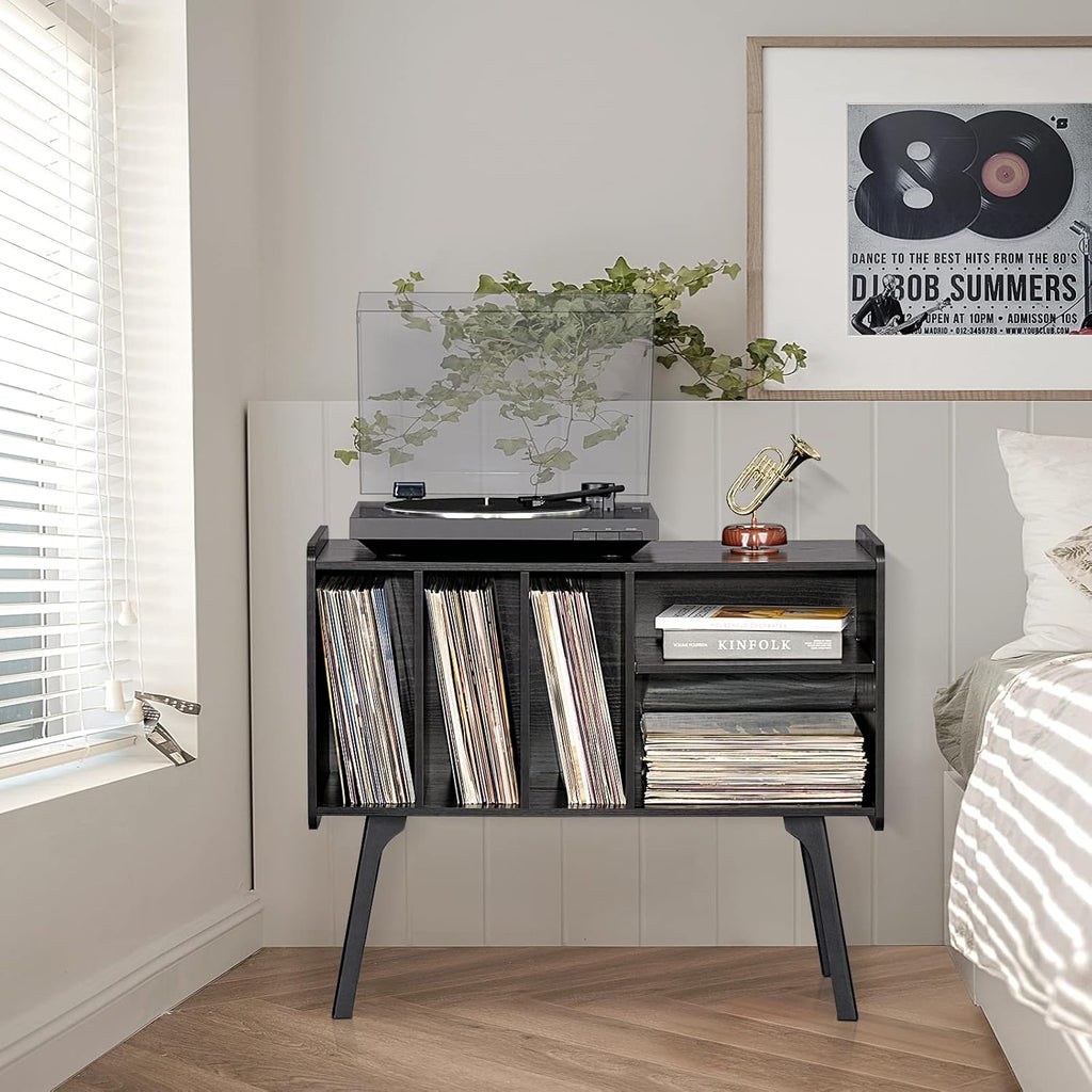 Lerliuo Record Player Stand with 4 Cabinet Holds Up to 220 Albums, Large Black Turntable Stand with Beech Wood Legs, Mid-Century Record Player Table, Vinyl Holder Storage Shelf for Bedroom Living Room