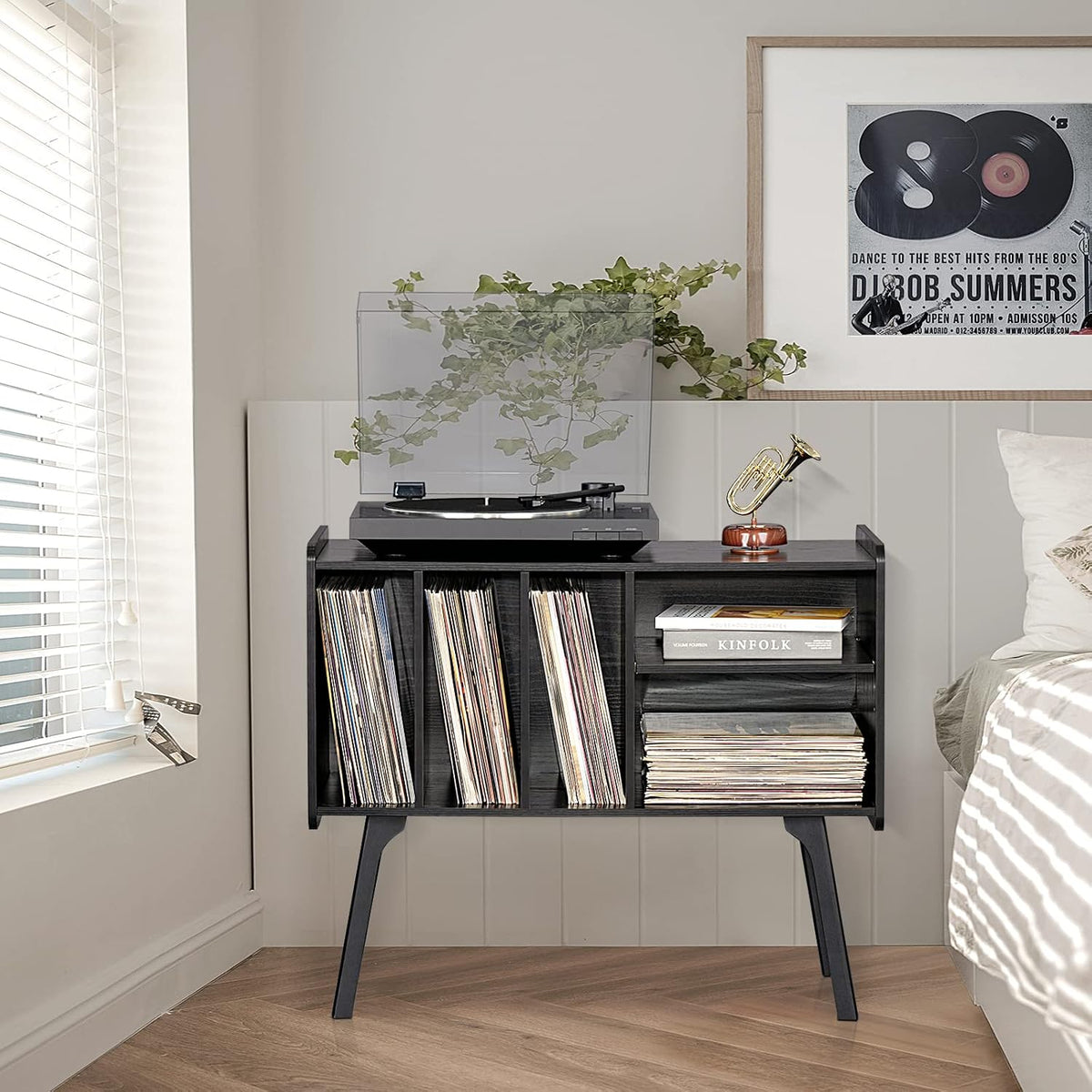 Lerliuo Record Player Stand with 4 Cabinet Holds Up to 220 Albums, Large Black Turntable Stand with Beech Wood Legs, Mid-Century Record Player Table, Vinyl Holder Storage Shelf for Bedroom Living Room