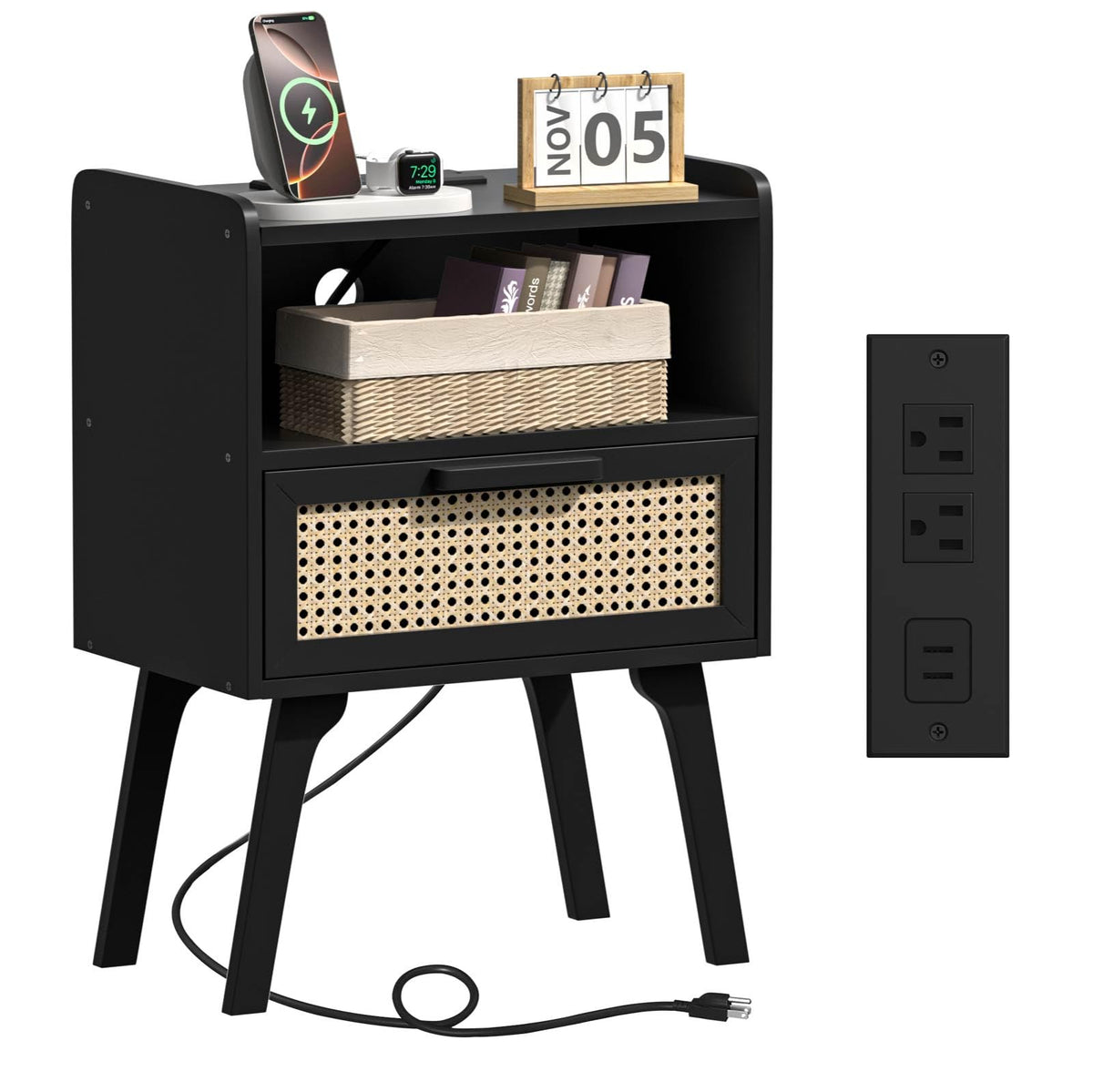Lerliuo Rattan Nightstand with Charging Station, Boho Night Stand
