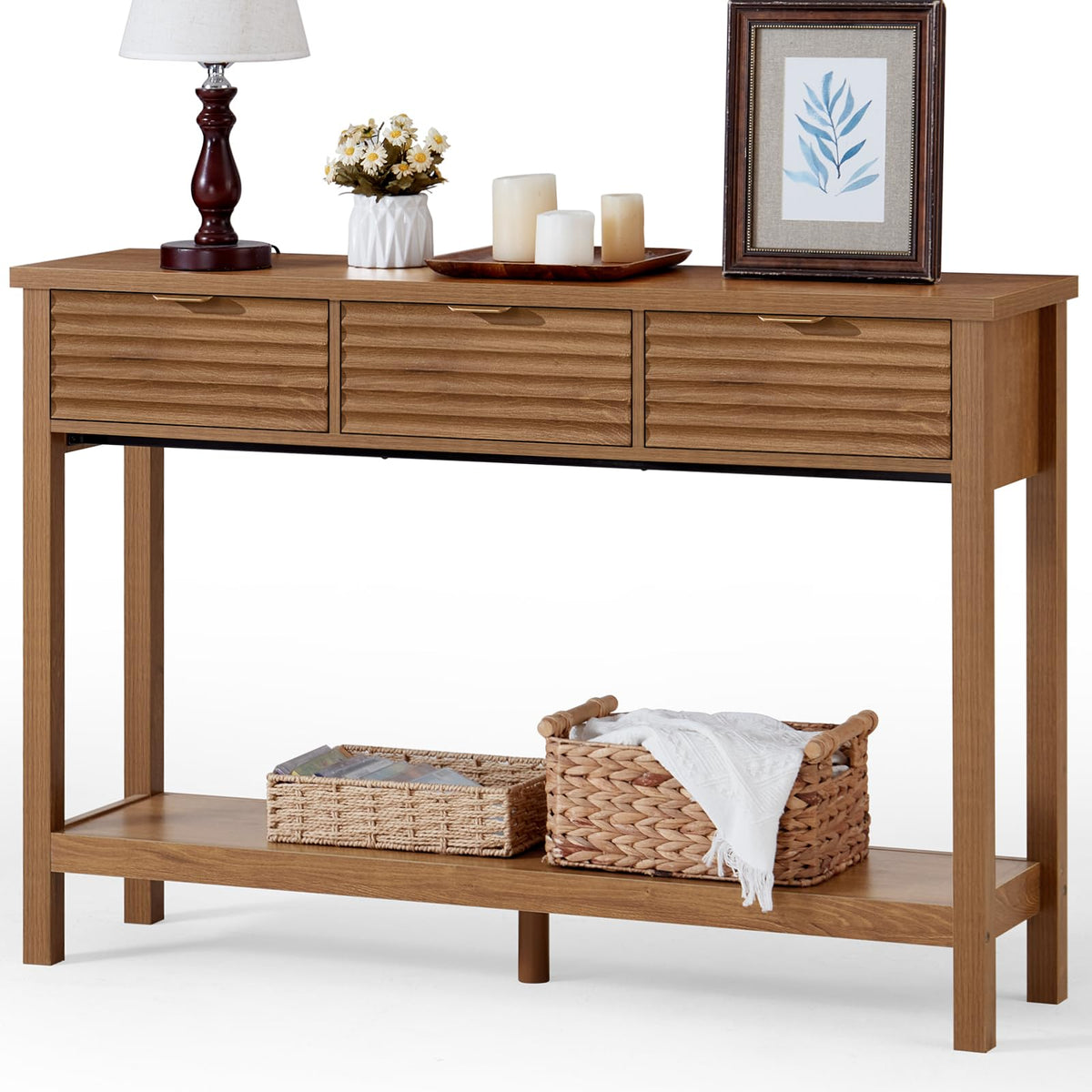 LEYAOYAO 47.2" Fluted Console Table with 3 Drawers, Blue Entryway Table