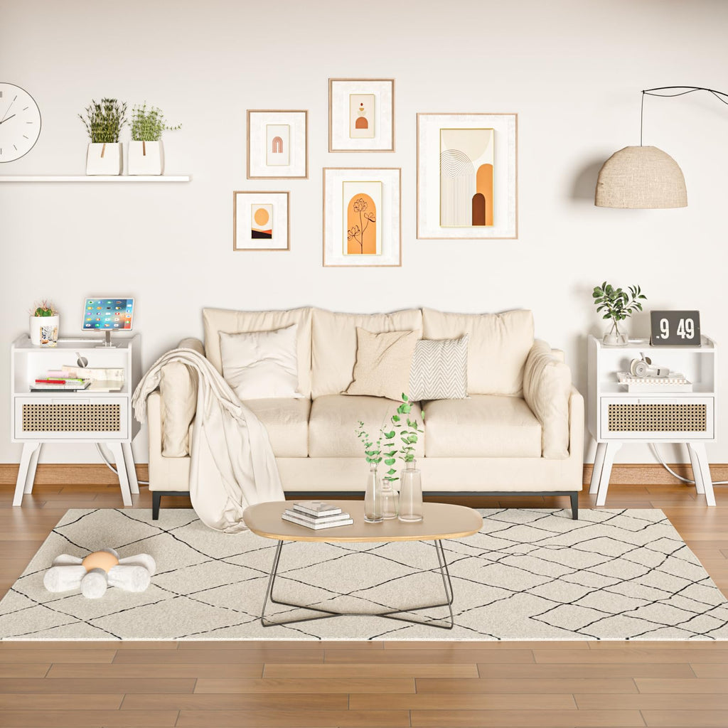 Lerliuo Rattan Nightstand with Charging Station, Boho Night Stand